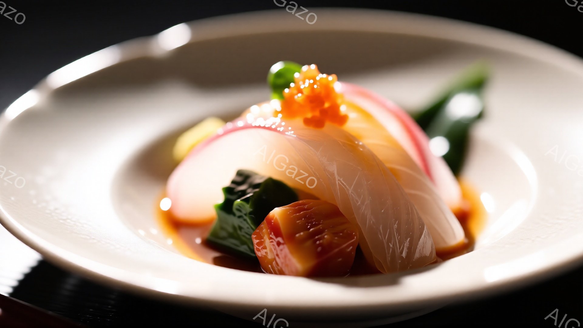 白い皿に盛り付けられた、美しいお刺身の盛り合わせです。赤身、白身、そしてイクラが彩り豊かに配置され、中央には緑色の葉が添えられています。全体的に鮮やかで、食欲をそそる印象を与えます。