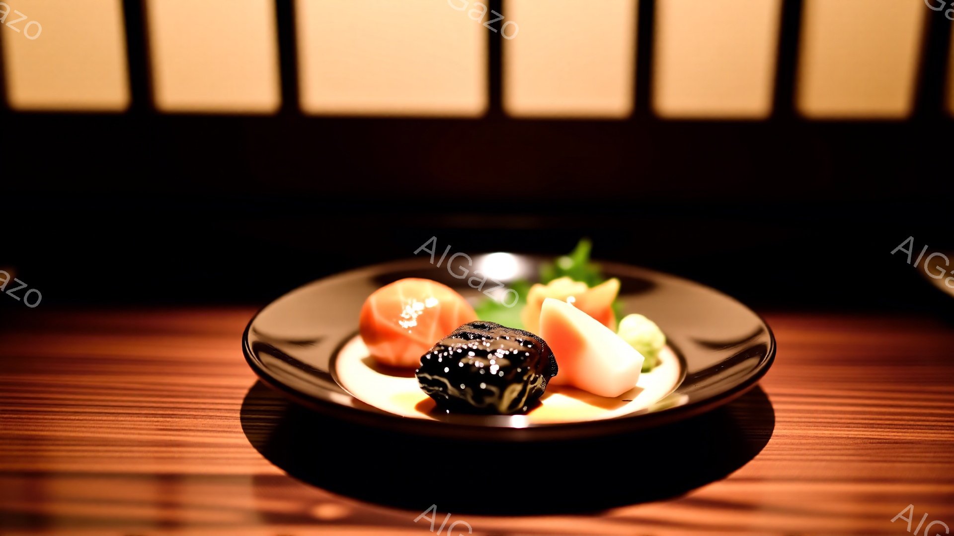 黒い皿の上に、様々な色合いの寿司が盛り付けられています。赤いマグロ、白身魚、そして黒色の何かが確認でき、緑色の添え物と共に美しく配置されています。背景は木目調のテーブルと、ぼんやりと光る障子のような壁で、落ち着いた雰囲気の寿司店内のようです。