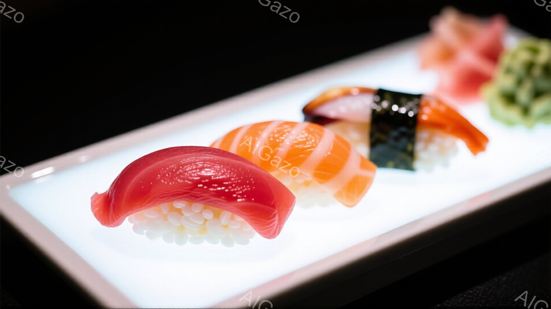 白い皿の上に、マグロ、サーモン、エビの握り寿司が並んでいます。それぞれの寿司は、光沢のある魚介類と、白米の酢飯でできており、エビの寿司には海苔が巻かれています。背景は暗く、寿司が際立って見え、新鮮さと美味しさを強調しています。