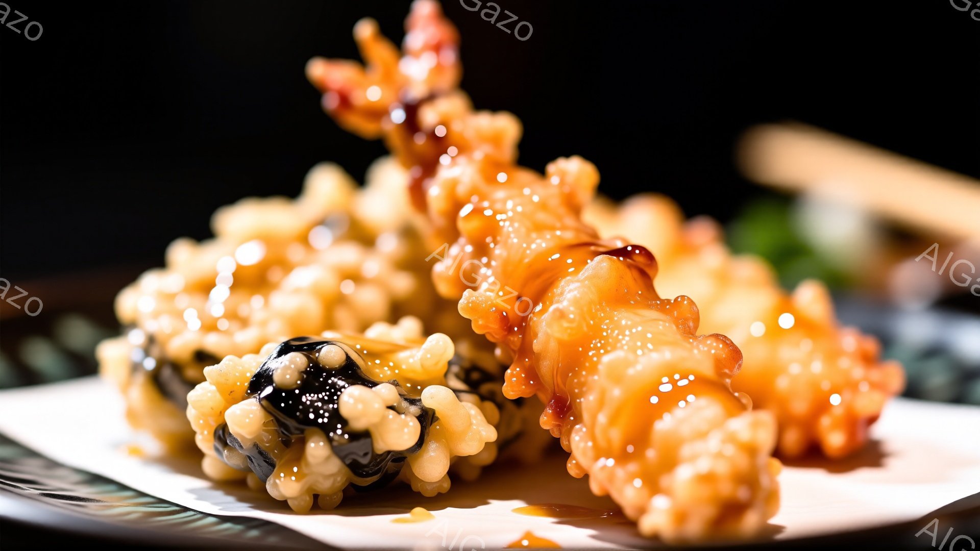 揚げたエビの天ぷらが皿の上に並べられています。エビはカラッと揚がっており、表面には細かい気泡が見られます。背景には黒い皿と緑の葉がわずかに見え、全体的に食欲をそそる雰囲気が漂っています。