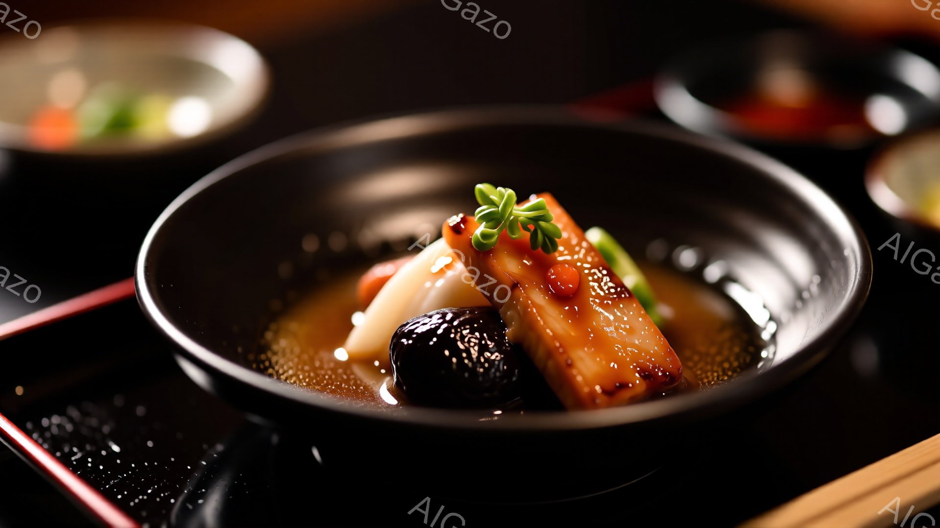 黒い小皿に盛り付けられた美しい和食が印象的です。橙色の棒状の食材、白く丸い食材、黒いキノコが組み合わされ、緑色の葉が添えられています。背景にはぼやけた別の皿が見え、全体的に落ち着いた雰囲気で、上品な日本料理の繊細さを強調しています。