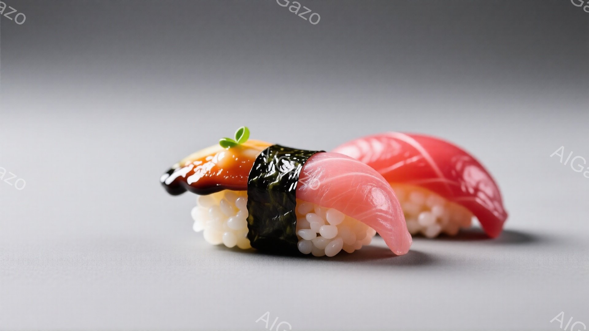 鮮やかなピンク色のマグロの握り寿司と、照り焼きのような茶色の握り寿司が、白いご飯と海苔に包まれて並んでいます。寿司は明るい均一なグレーの背景の上に置かれ、まるでスタジオ撮影されたような印象を与えます。全体的に、シンプルで清潔感のある、食欲をそそる雰囲気です。