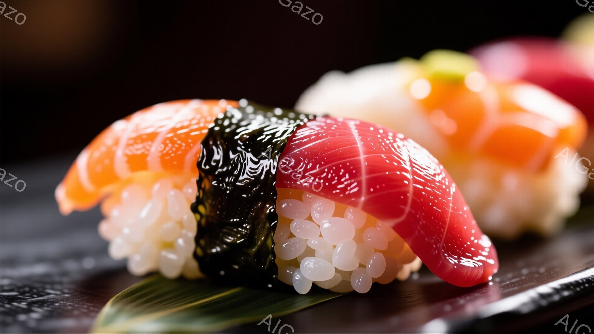 鮮やかな寿司の盛り合わせが、暗い背景に浮かび上がっている。手前にはイクラが乗ったマグロの握り寿司、その隣にはサーモン、さらに奥には白い魚の握り寿司が並んでいる。緑色の葉の上に乗せられ、芸術的な光の当たり方が食欲をそそる、洗練された雰囲気の写真である。