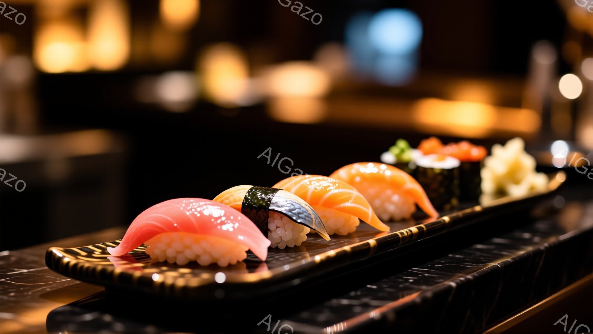 鮮やかな寿司の盛り合わせが、黒い長方形の皿に美しく並べられています。光沢のあるお皿は、寿司の色彩を一層引き立て、背景はぼかされており、寿司に焦点が当たっています。寿司は新鮮で美味しそうに見え、高級感のある雰囲気を醸し出しています。