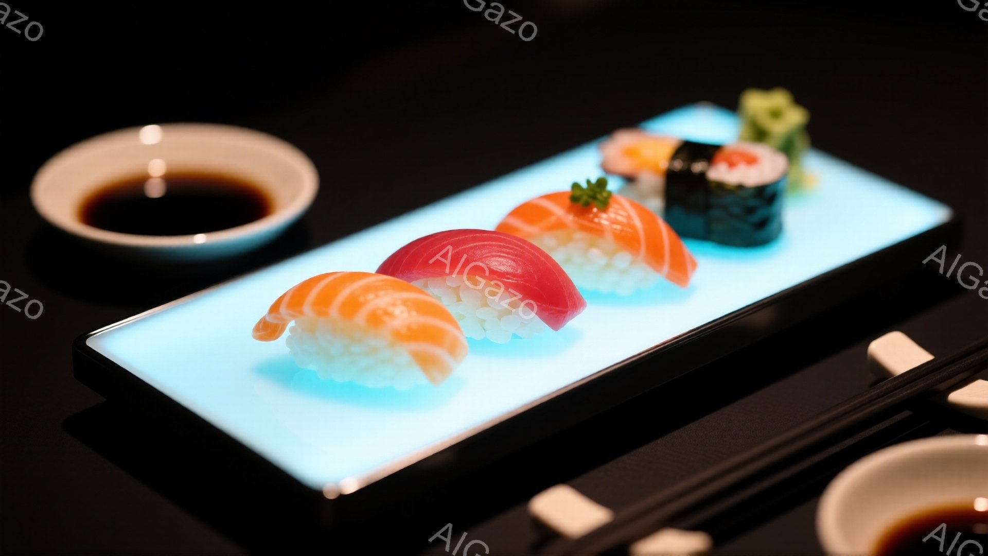 鮮やかな青色の皿の上に、数種類の握り寿司が並んでいます。サーモン、マグロ、エビ、巻き寿司などが見て取れ、それぞれが丁寧に盛り付けられています。奥には醤油入れと箸が添えられており、食欲をそそる構図となっています。