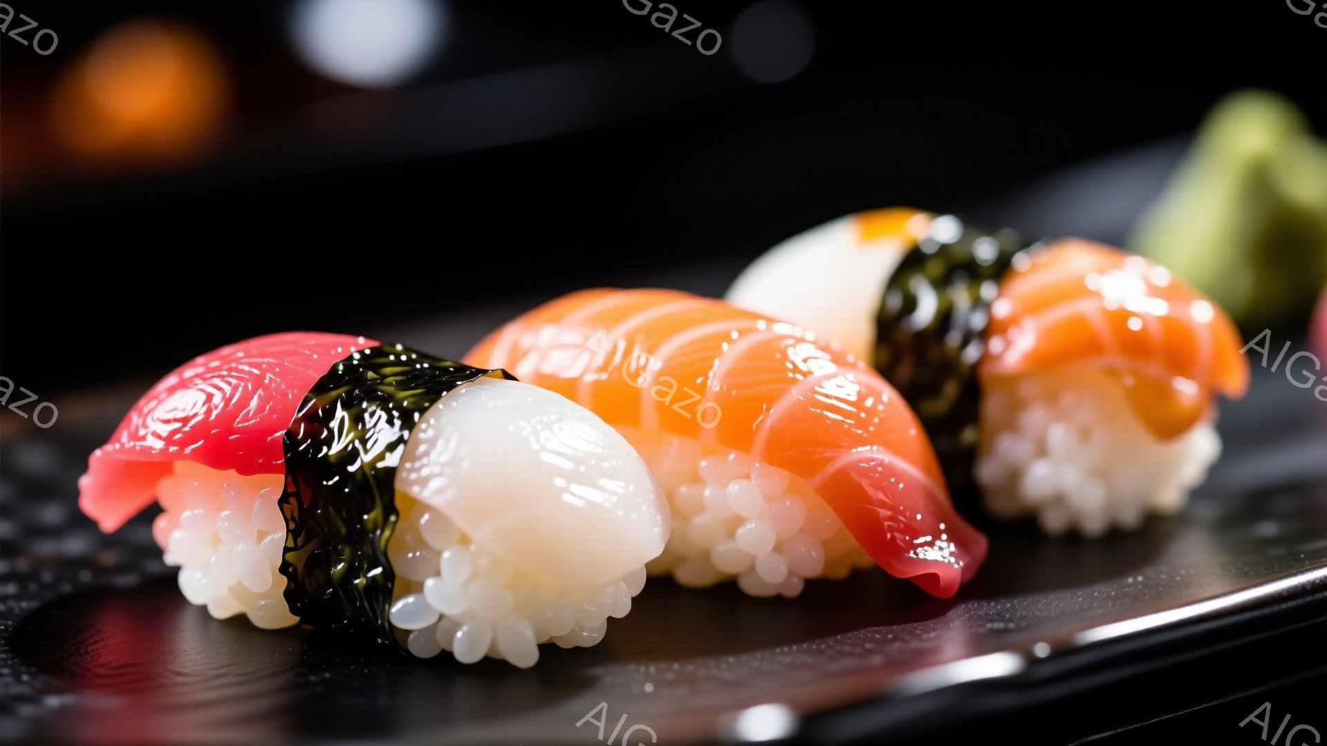 鮮やかな光沢のある寿司が、黒い皿の上に並べられています。赤身のマグロ、サーモン、白身魚の握りが、海苔とご飯のコントラストを際立たせています。背景は暗く、寿司の美しさを引き立てる、シンプルで洗練された雰囲気です。