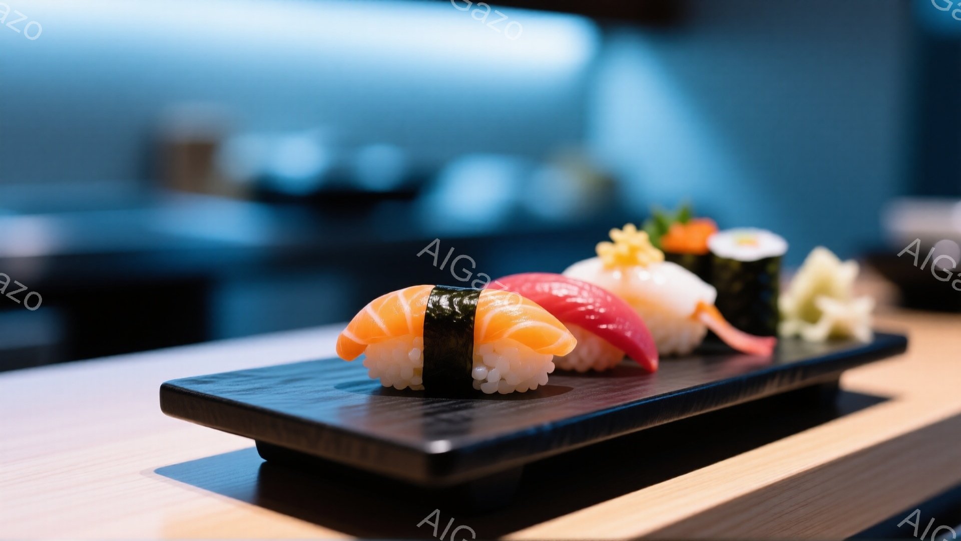 鮮やかなオレンジ色のサーモンと黒い海苔で巻かれた寿司が、黒い長方形の皿の上に並べられています。他の寿司もわずかに見え、背景はぼやけていますが、木製のテーブルの上に置かれている様子から、寿司レストランのような落ち着いた雰囲気が伝わってきます。光の当たり方から、質の高い寿司が丁寧に盛り付けられていることがわかります。