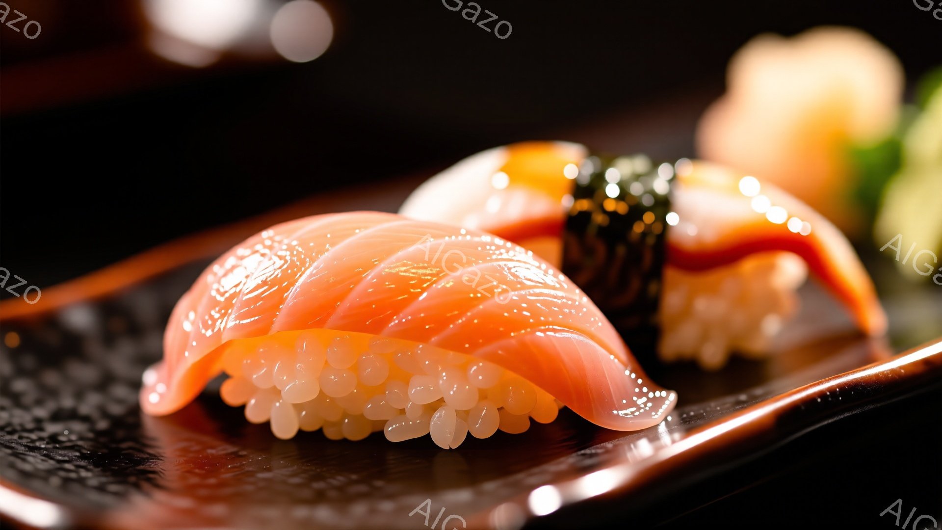 鮮やかなオレンジ色のマグロの握りが、黒い皿の上に置かれている。光沢のある魚の身は、白いご飯と輝くイクラの上に乗り、海苔でしっかりと固定されている。背景は暗く、焦点が浅いため、寿司が際立って見える。