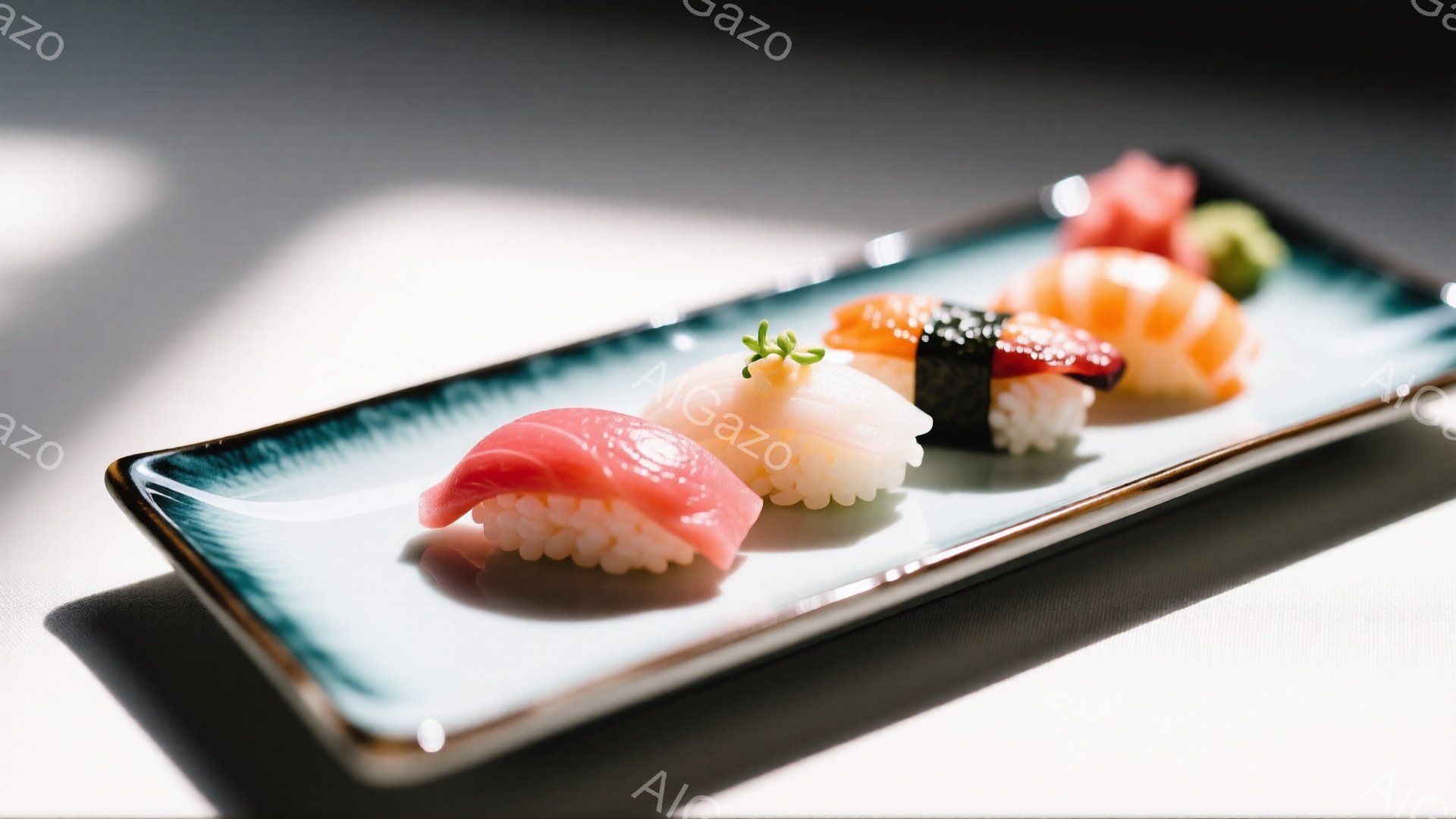 鮮やかな青色の長方形の皿の上に、様々な種類の寿司が並べられています。マグロ、ホタテ、エビ、イカと思われる寿司は、それぞれ白いご飯の上に鮮やかな色合いのネタが乗せられ、食欲をそそります。背景は白く、光が当たっているため、寿司の色彩が際立っています。