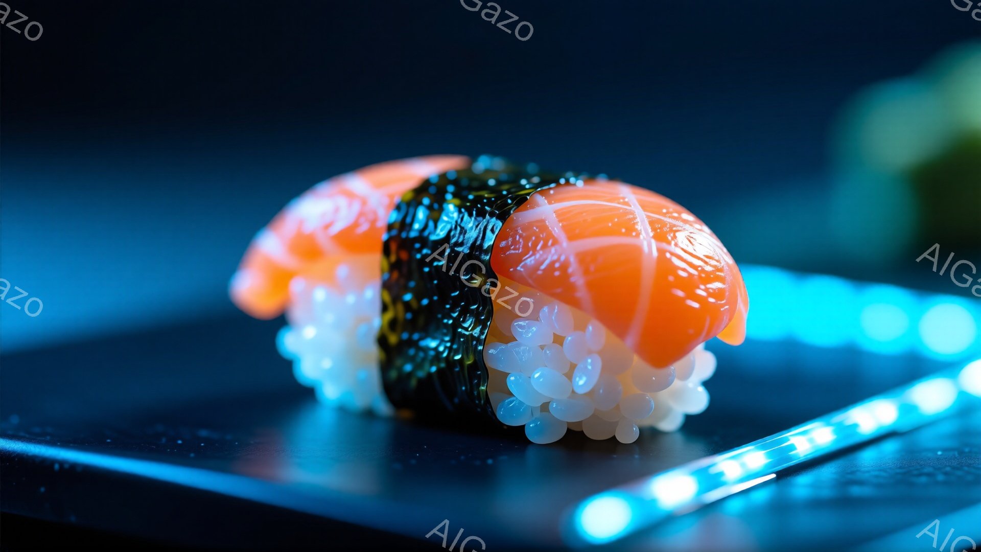 鮮やかなオレンジ色のサーモンが、黒い海苔と白いご飯で巻かれた寿司が写っている。寿司の下には、小さな白いイクラが散りばめられており、背景は暗青色で、光のラインがぼんやりと見える、高級感のある盛り付けである。全体的に、食欲をそそる、美しい寿司のクローズアップ写真である。