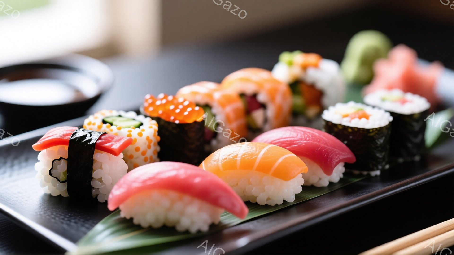 漆黒の長方形の皿に、様々な種類の握り寿司が美しく並べられています。マグロ、サーモン、イクラ、海苔巻きなど、鮮やかな色彩と食欲をそそる見た目が特徴で、奥には醤油の入った小さなお皿が見えます。葉っぱが添えられ、全体的に上品で洗練された雰囲気を醸し出しています。