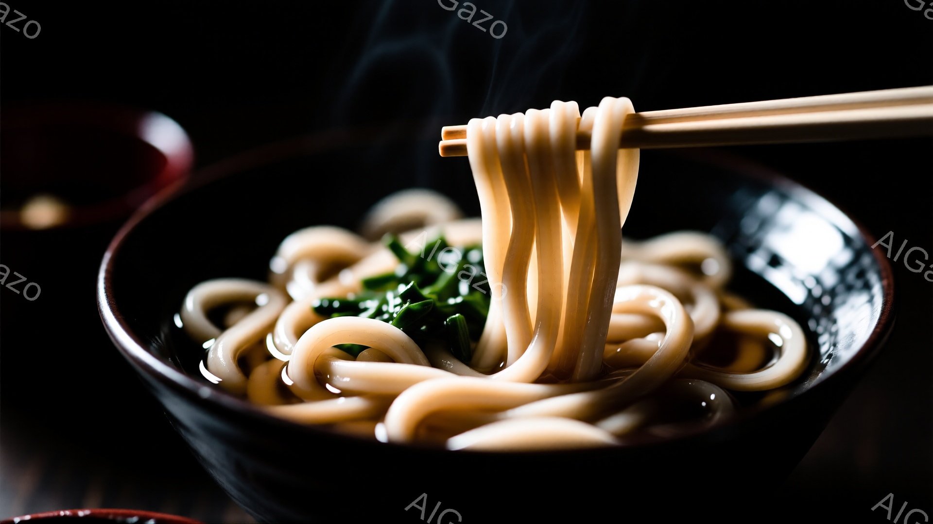 漆黒の器に盛り付けられた太めのうどんが湯気を上げている。緑色のネギが添えられ、箸でうどんが持ち上げられている様子が捉えられており、シンプルながらも食欲をそそる構図だ。背景は暗く、うどんの暖かさと質感が際立っている。