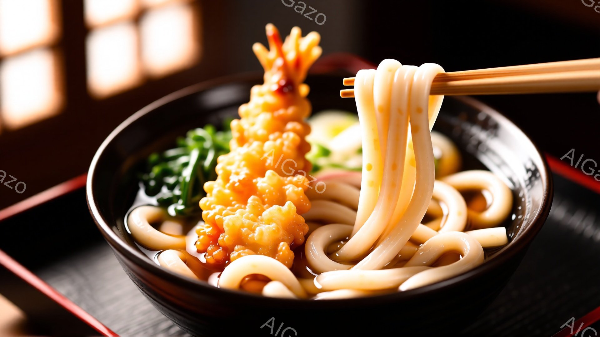 黒い器に盛り付けられた温かいうどんが写っている。天ぷらエビ、ネギ、そして緑色の野菜がうどんの上に添えられている。背景はぼやけており、木製のトレーと和室の一部が見える、落ち着いた雰囲気の写真である。