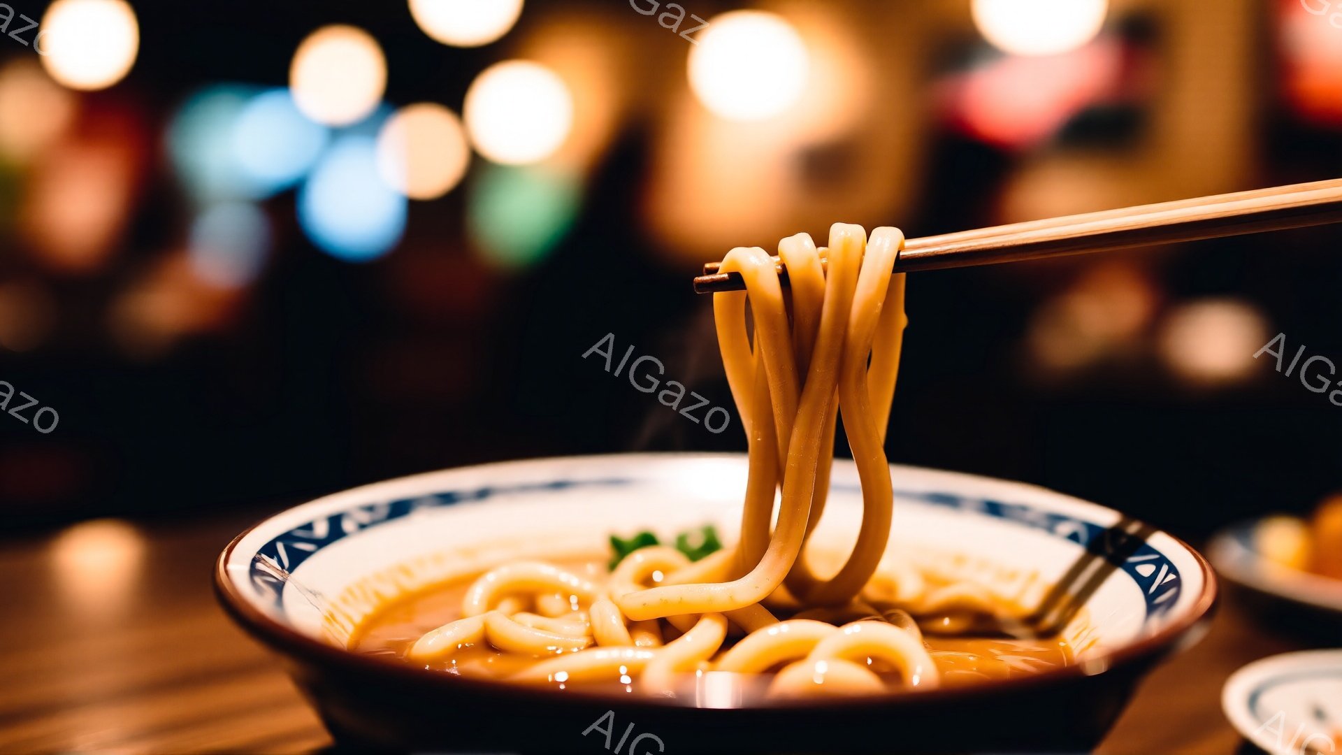 湯気が立ち上る温かい麺料理が、白い縁取りのある藍色の丼に盛られています。箸で持ち上げられた麺は、丼から湯気を伴い垂れ下がっています。背景は木製のテーブルトップと、ぼやけた光の点々が散りばめられた暗い空間で、温かく親密な雰囲気を醸し出しています。