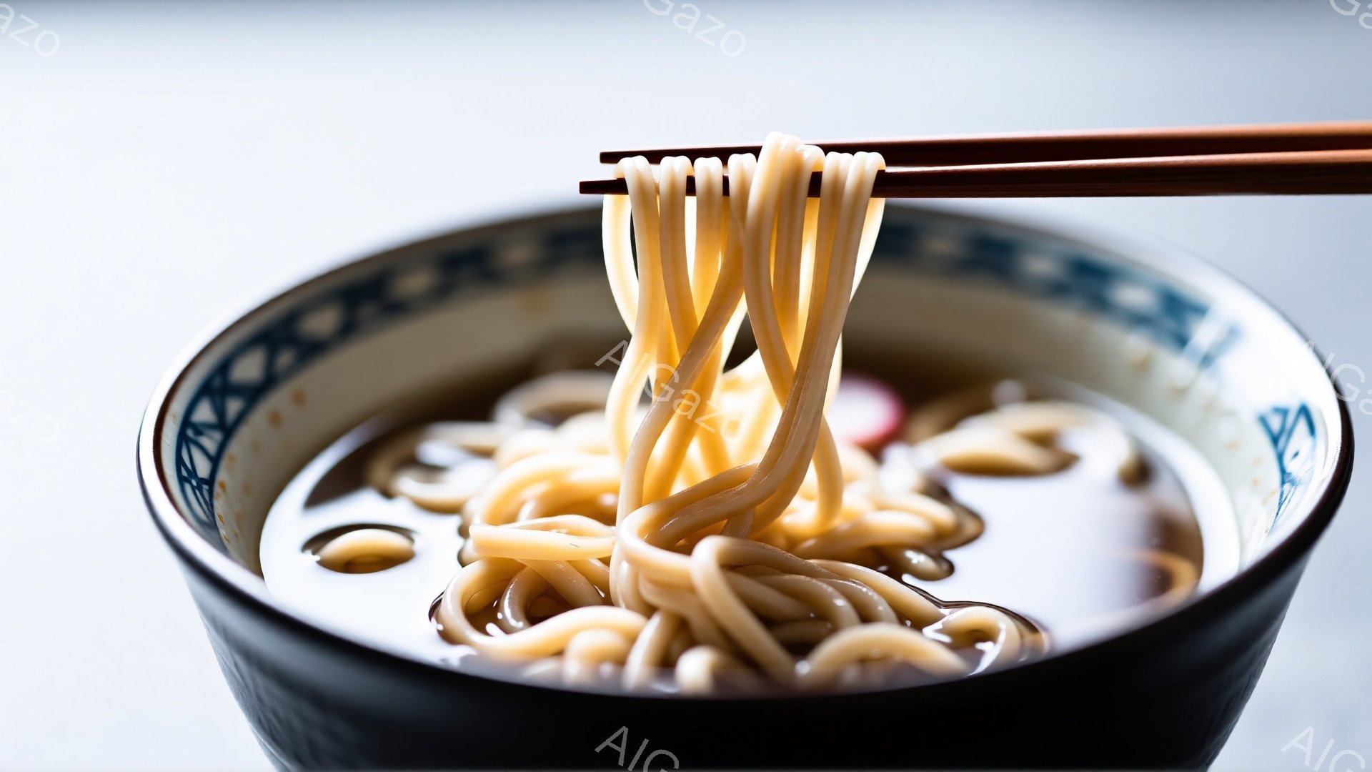 黒い縁取りのある白い丼に、湯気が立ち上る温かい麺料理が盛られています。箸で持ち上げられた麺は、つるつるとした食感が伝わるように、湯気を纏って空中に伸びています。丼の中には、薄いピンク色のものがわずかに - AI生成フリー素材