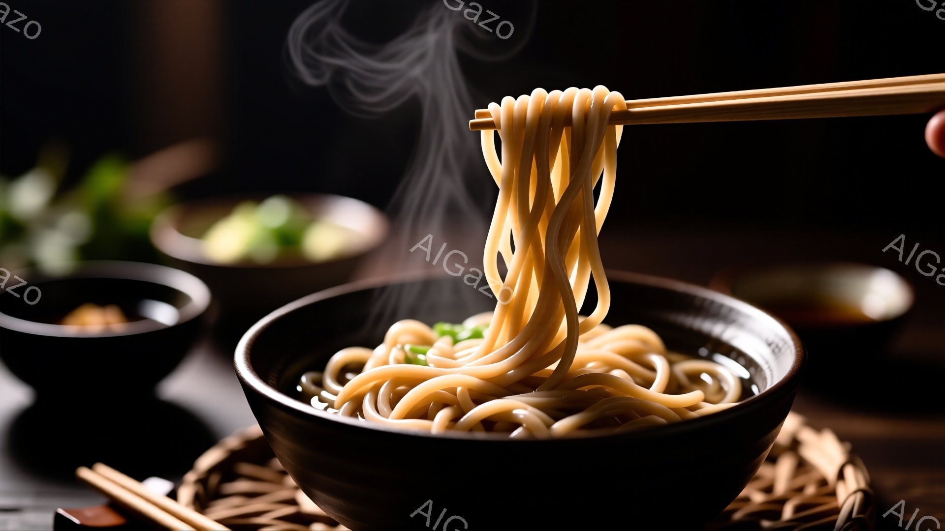 熱い手打ちうどんが黒い丼から立ち上る湯気を伴い、箸で持ち上げられている様子が捉えられている。丼の周囲には、ざるのような編み込みの敷物が置かれ、奥には薬味や醤油が入った小さな器が見える。全体的に温かく、食欲をそそる、日本の家庭料理の雰囲気が漂っている。