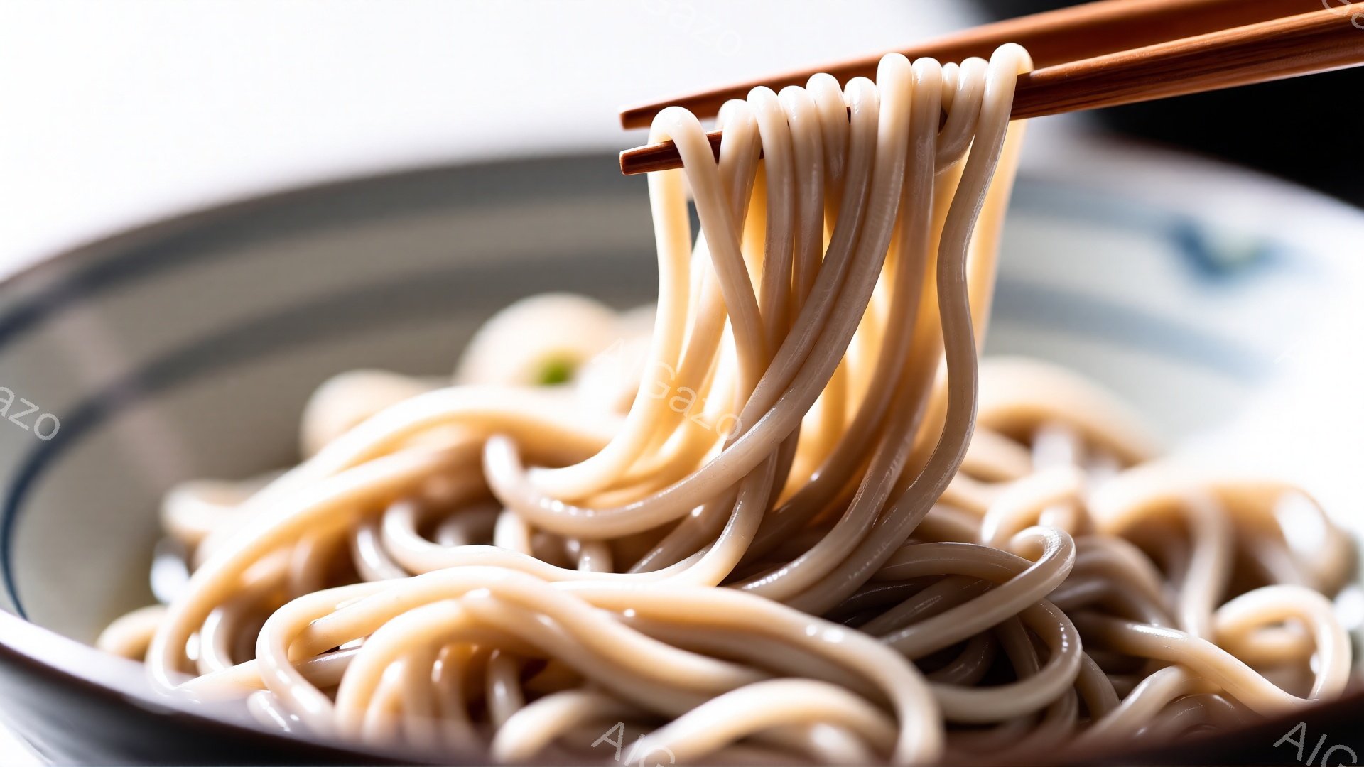 蕎麦が茶色い器から盛り上がっており、箸でつかんで持ち上げられている様子が写っている。麺は細く、つやがあり、湯気が立ち上っているように見える。背景はぼやけており、料理に焦点が当てられている。