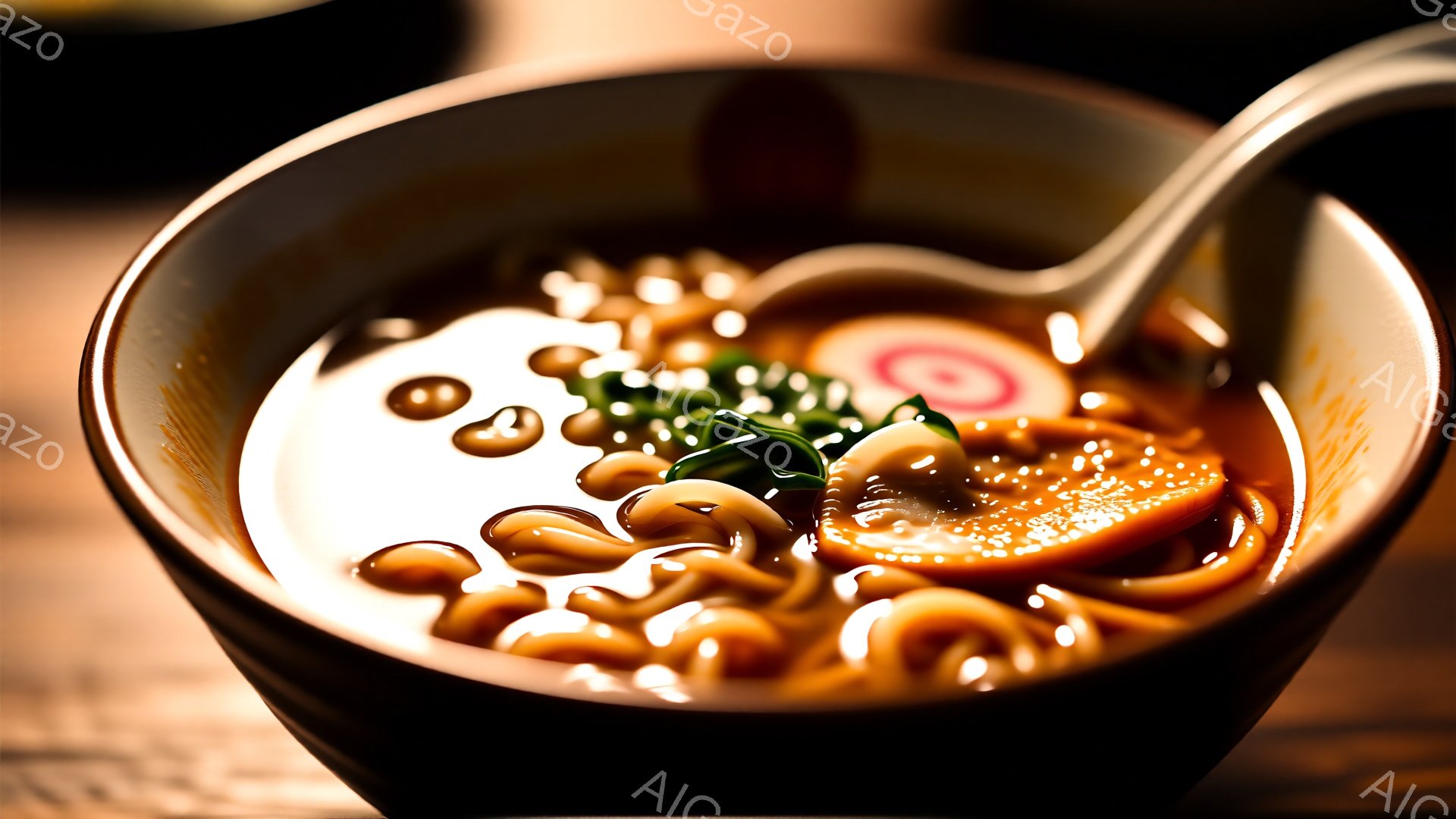 どんぶりには、茶色のスープに浸された、ねじれたラーメン麺がたっぷりと入っています。キノコ、ネギ、ピンク色の渦巻き模様のナルト巻きがスープの上に浮かび、鮮やかなコントラストを生み出しています。全体的に、暖色系の照明が施され、美味しそうな料理の雰囲気を強調しています。