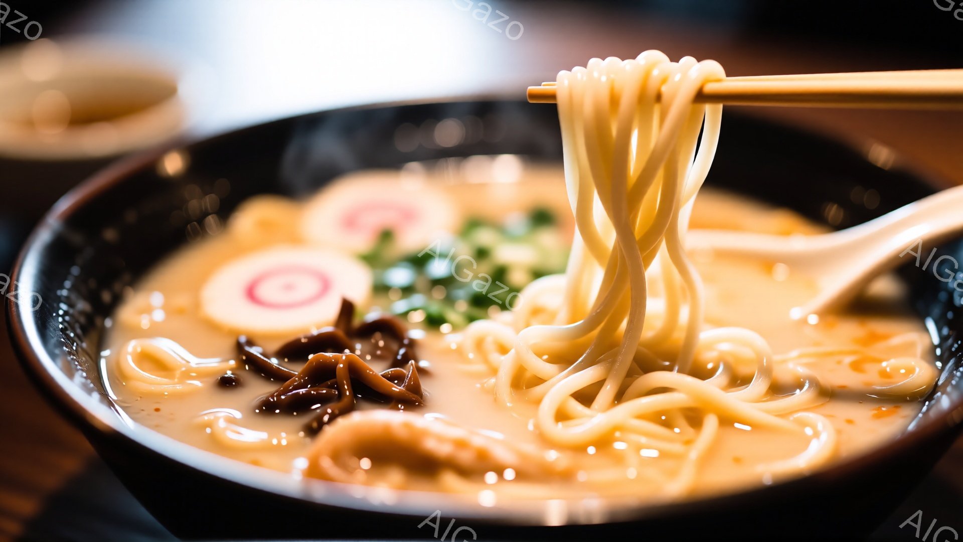 豚骨ラーメンが丼に盛られ、箸で麺が持ち上げられている様子が捉えられています。白濁したスープには、チャーシュー、きくらげ、ネギ、海苔などが浮かび、湯気が立ち込めています。背景は暗く、テーブル上に他の丼が見えることから、ラーメン店のような場所で撮影された写真だとわかります。