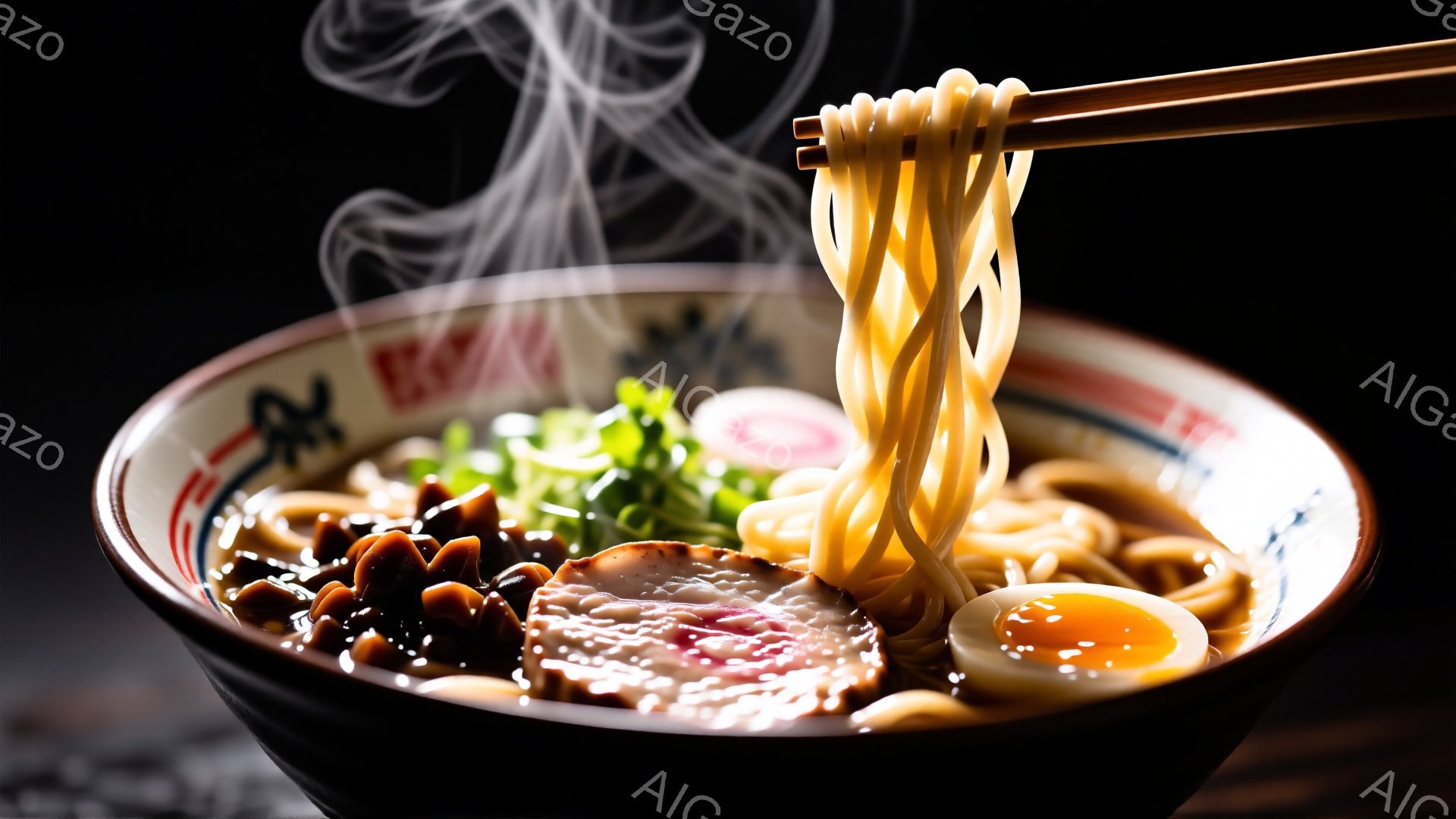 漆黒の丼に湯気を立てるラーメンが写っている。麺は箸で持ち上げられ、濃厚なスープ、チャーシュー、メンマ、ネギ、半分に切った煮卵といった具材がよく見える。背景は暗く、ラーメンそのものが際立っており、食欲をそそる温かい雰囲気を醸し出している。