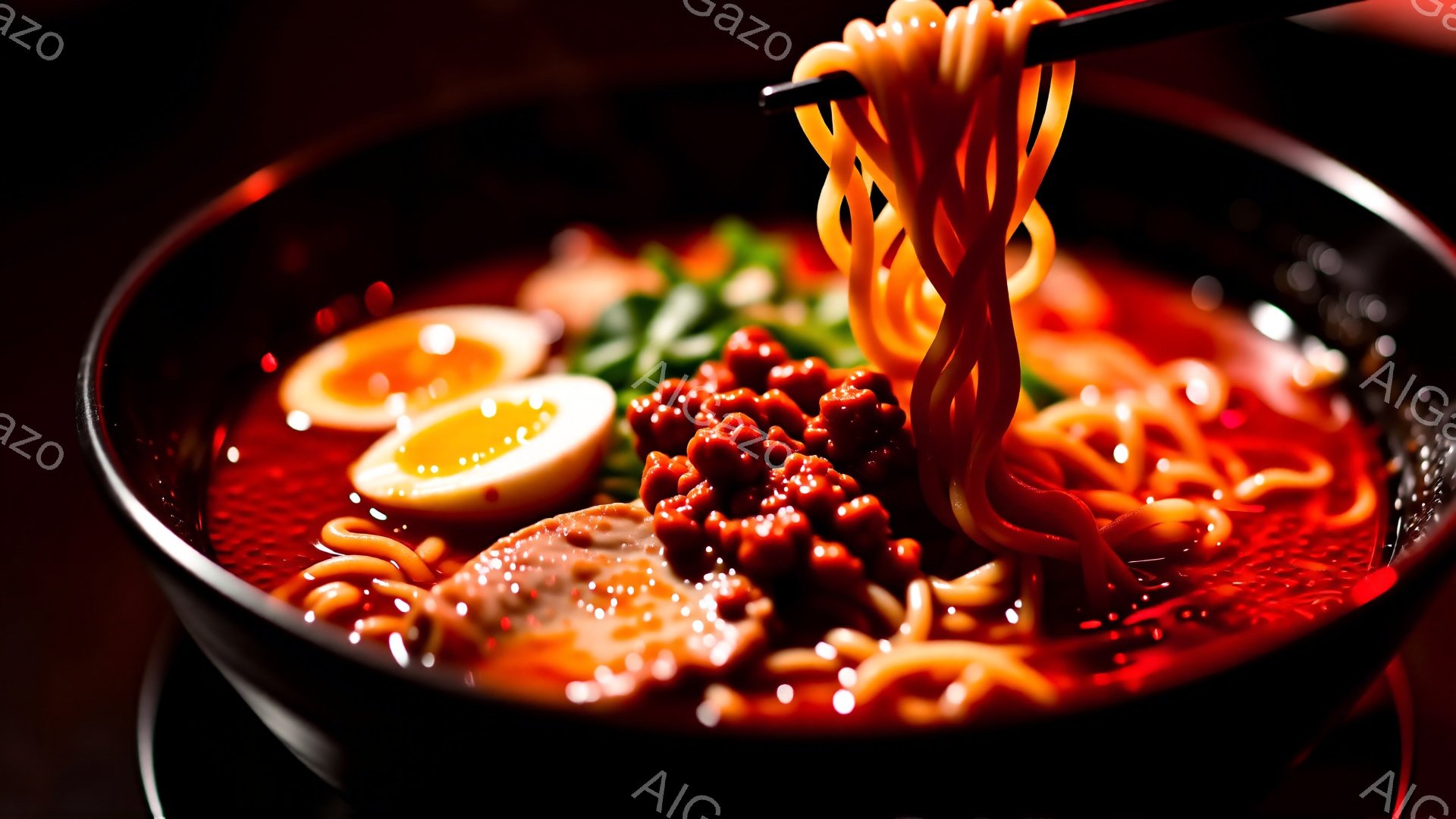 黒い丼に赤いスープが満たされ、湯気が立ち上るラーメンが描かれている。チャーシュー、半熟卵、そして辛そうな赤い調味料がスープに浮かび、箸で持ち上げられた麺が湯気をくぐらせている。全体的に赤色を基調とした照明が、辛さと食欲をそそる雰囲気を強調している。