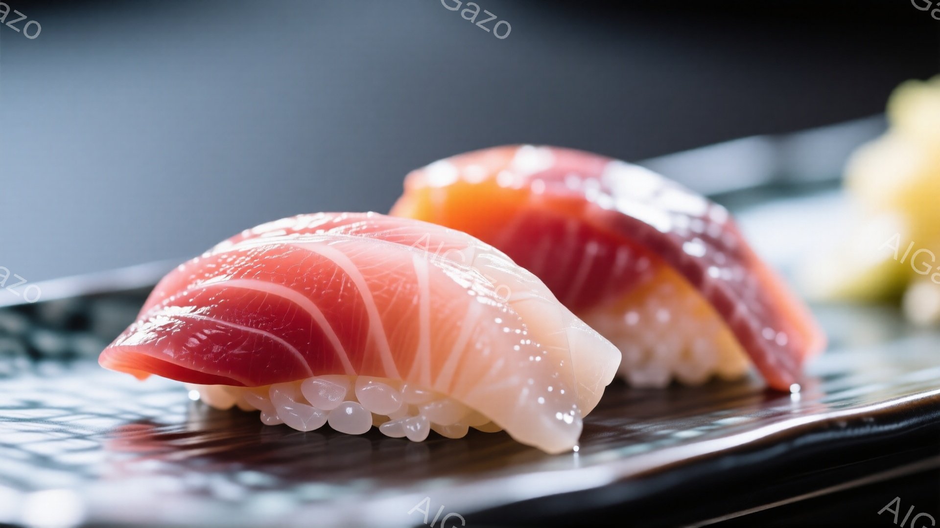 鮮やかなピンク色のマグロの握り寿司と、半透明で光沢のある白い魚の握り寿司が、黒い皿の上に並べられています。寿司飯はきめ細かく、ネタと皿のコントラストが際立っています。背景にはぼやけた黄色いものがわずかに見え、全体的に洗練された、食欲をそそる雰囲気を醸し出しています。