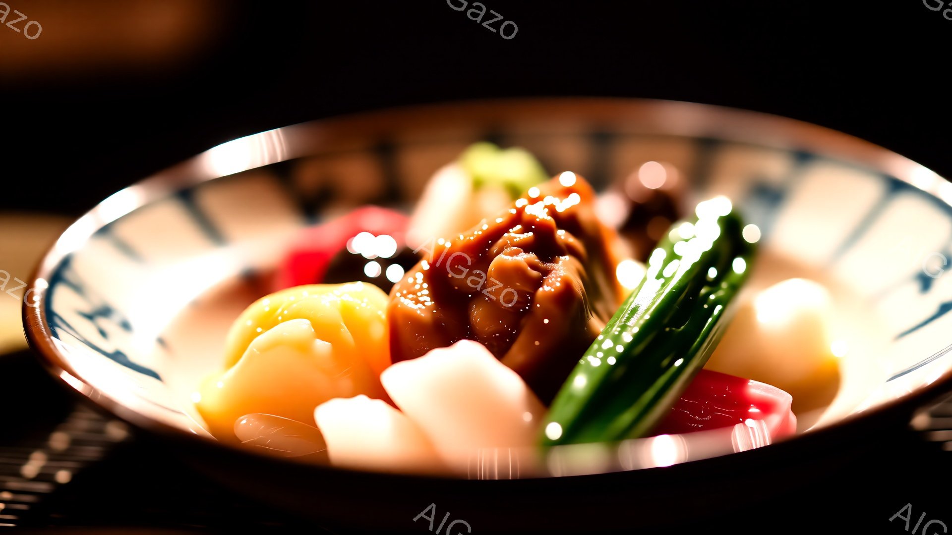 浅いお皿に盛り付けられた、様々な小鉢料理が写っている。中央にはタコのような褐色の食材があり、その周りには白、オレンジ、ピンク色をしたものが配置され、緑色のネギが添えられている。全体的に暗い背景で、料理に焦点が当たり、上品で落ち着いた雰囲気を醸し出している。