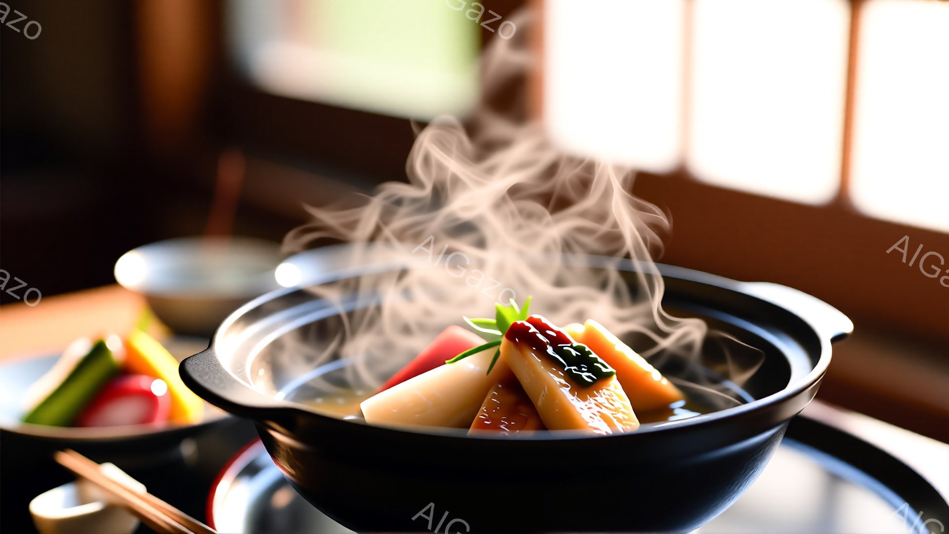 黒い土鍋の中で、湯気が立ち上る湯豆腐が湯気を上げています。 鍋の中には、白く柔らかな豆腐、ねぎ、かまぼこ、そして赤い模様の湯葉が湯に浸されています。 背景にはぼやけた木製のテーブルと、日差しが差し込む窓があり、温かく落ち着いた雰囲気を醸し出しています。