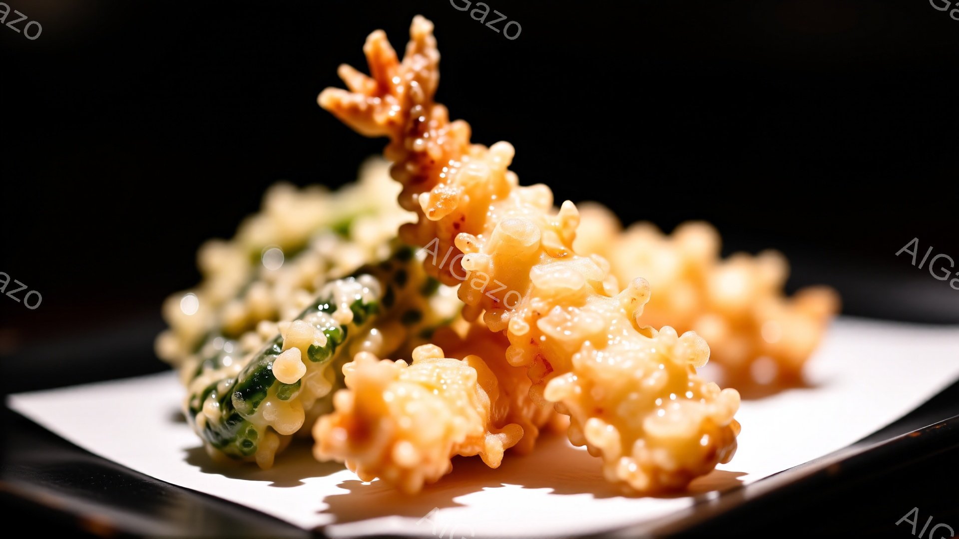 揚げたての天ぷらが白い紙の上に盛り付けられています。衣はカリカリとした黄金色で、アスパラガスが包まれているのがわかります。背景は暗く、天ぷらが際立って見え、食欲をそそる雰囲気が漂っています。