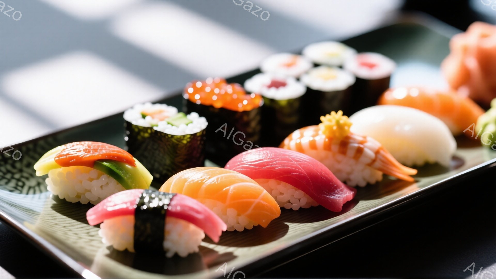 鮮やかな寿司の盛り合わせが黒い長方形の皿に並んでいます。マグロ、サーモン、エビ、イカなど、様々な種類の寿司が彩り豊かに配置され、食欲をそそります。背景は影が落ちており、寿司の美しさを際立たせています。