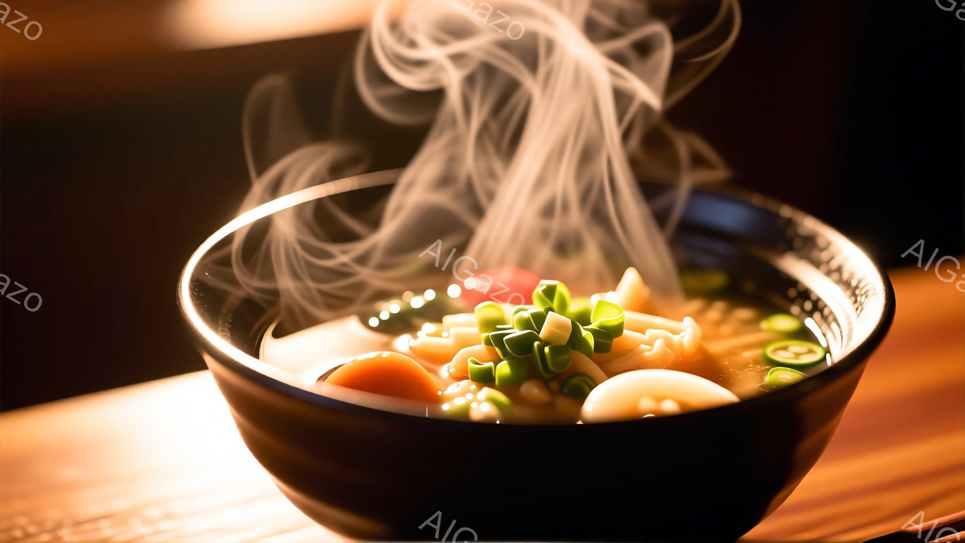 黒い丼に盛られた湯気が立ち上るラーメンが写っている。緑色のネギが彩りを添え、赤いナルトと白っぽい煮卵が湯面に浮かび、美味しそうな湯気が漂っている。背景は木製のテーブルで、全体的に温かく、食欲をそそる雰囲気が漂っている。