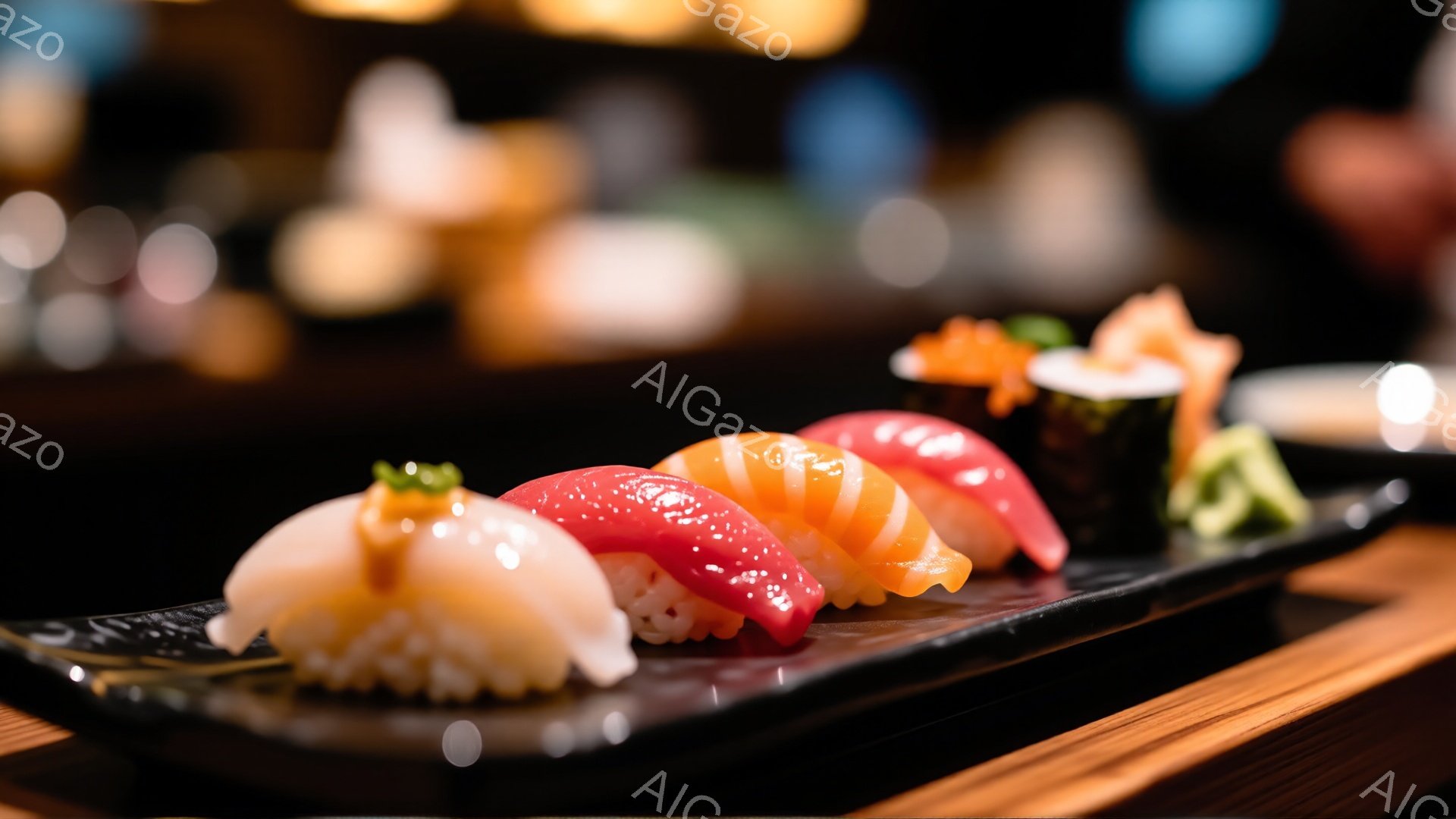 黒い皿に様々な寿司が並べられています。白身魚の寿司、マグロの寿司、サーモンの寿司、エビの寿司、そして海苔巻きが、丁寧に盛り付けられ、美味しさを引き立てています。背景は暗く、木製のテーブルが暖かみを与え、寿司の鮮やかさを際立たせています。