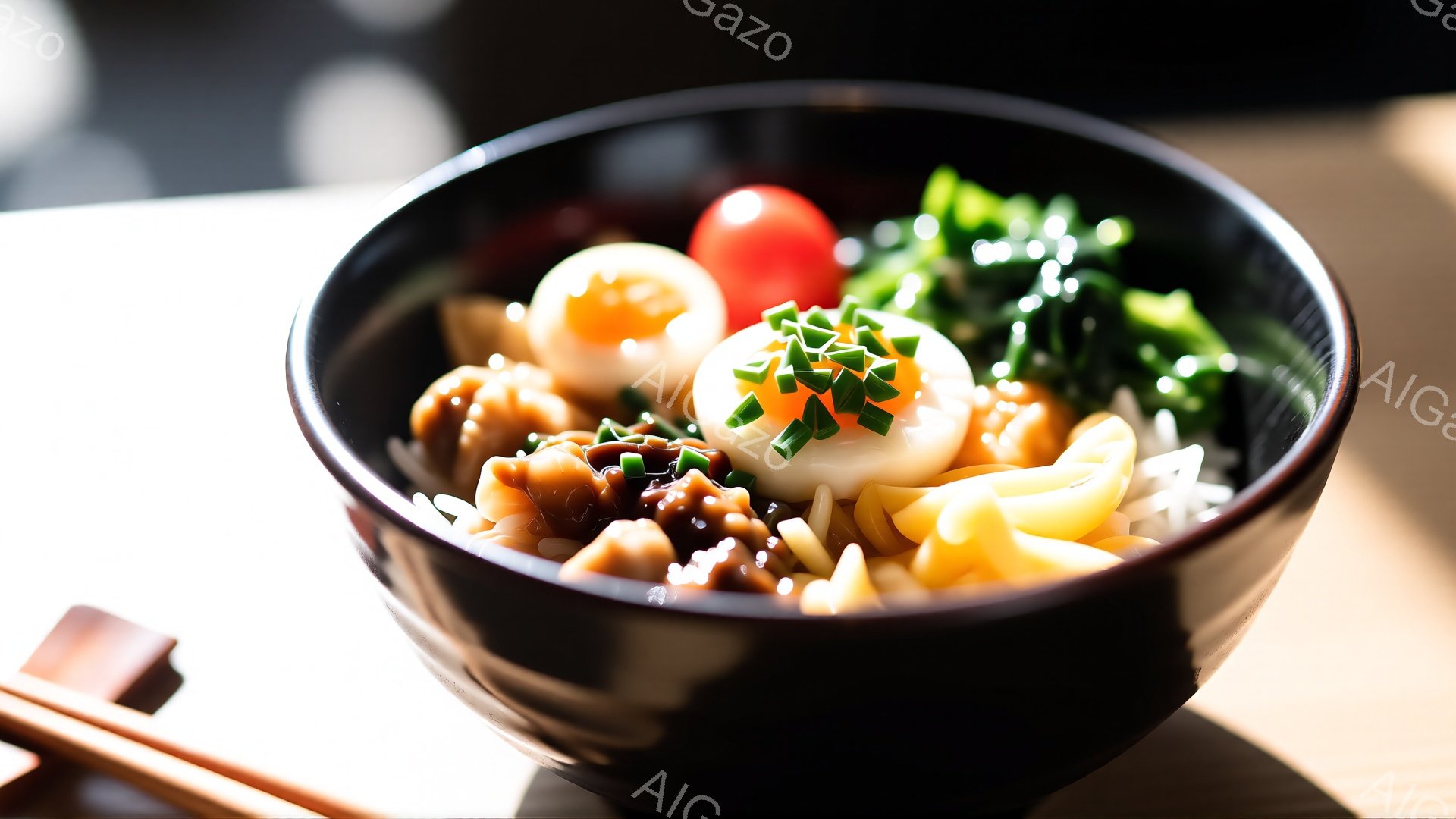 黒い丼に盛り付けられたラーメンが写っている。トッピングには、半熟卵、セパレートされたトマト、緑色の葉野菜、そして細かい種のようなものが乗っており、彩りが豊かである。背景には、木の質感が見える台と、ぼやけた箸が写っており、温かみのある食卓の雰囲気が漂っている。