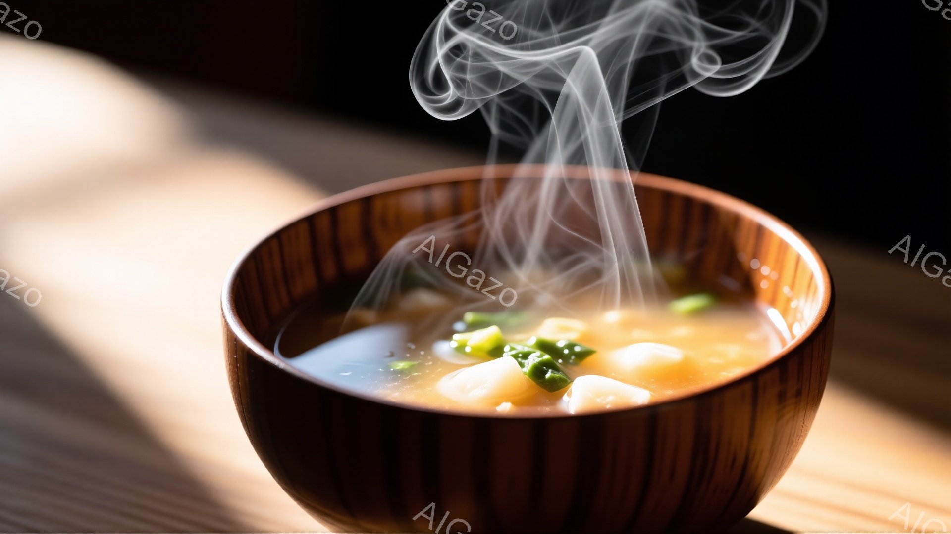 湯気が立ち上る、素朴な木製の椀の中に、白玉団子が入った温かい汁物が映っている。椀は少し使い込まれたような落ち着いた色合いで、木目の質感も確認できる。背景は淡い木目調で、全体的に温かく、ほっとするような雰囲気を醸し出している。