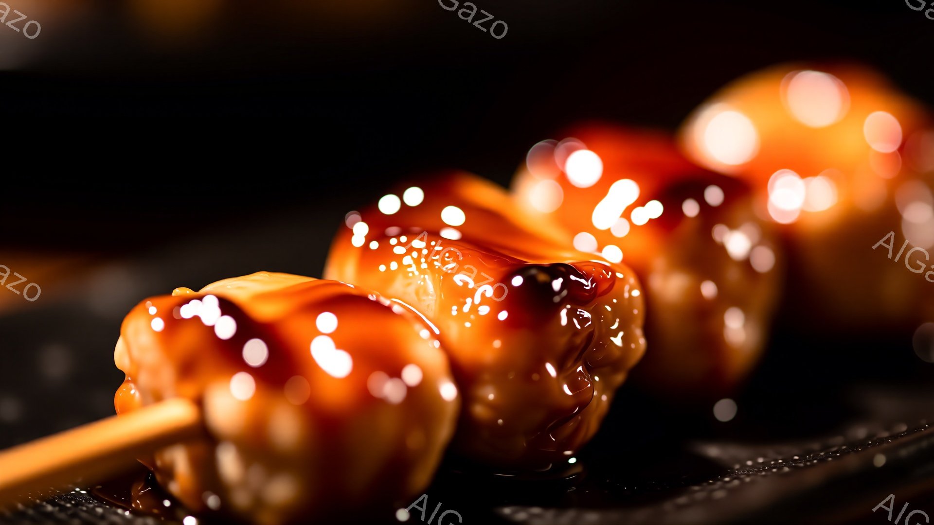 串に刺された照り焼きチキンが、暗い背景の中でスポットライトのように照らされている。鶏肉は照りがあり、甘辛いタレが光を反射して、食欲をそそる様子が伝わる。背景は黒く、焦点を当てたチキンが際立っており、暖かく、近寄りたい雰囲気を作り出している。