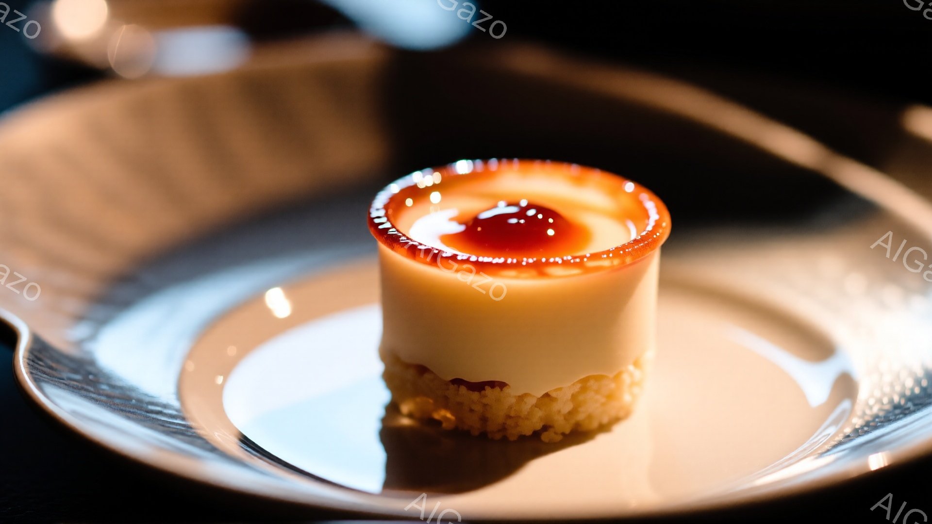 鮮やかなオレンジ色の表面を持つ、小さな丸いケーキが銀色の皿に乗っています。ケーキは層状になっており、底はビスケットのような砕いた生地、中間はクリーム、そして上には光沢のあるオレンジ色のゼリーのような層が見えます。背景は暗く、皿の反射が美しい光の跡を作り出し、上品で洗練された雰囲気を醸し出しています。