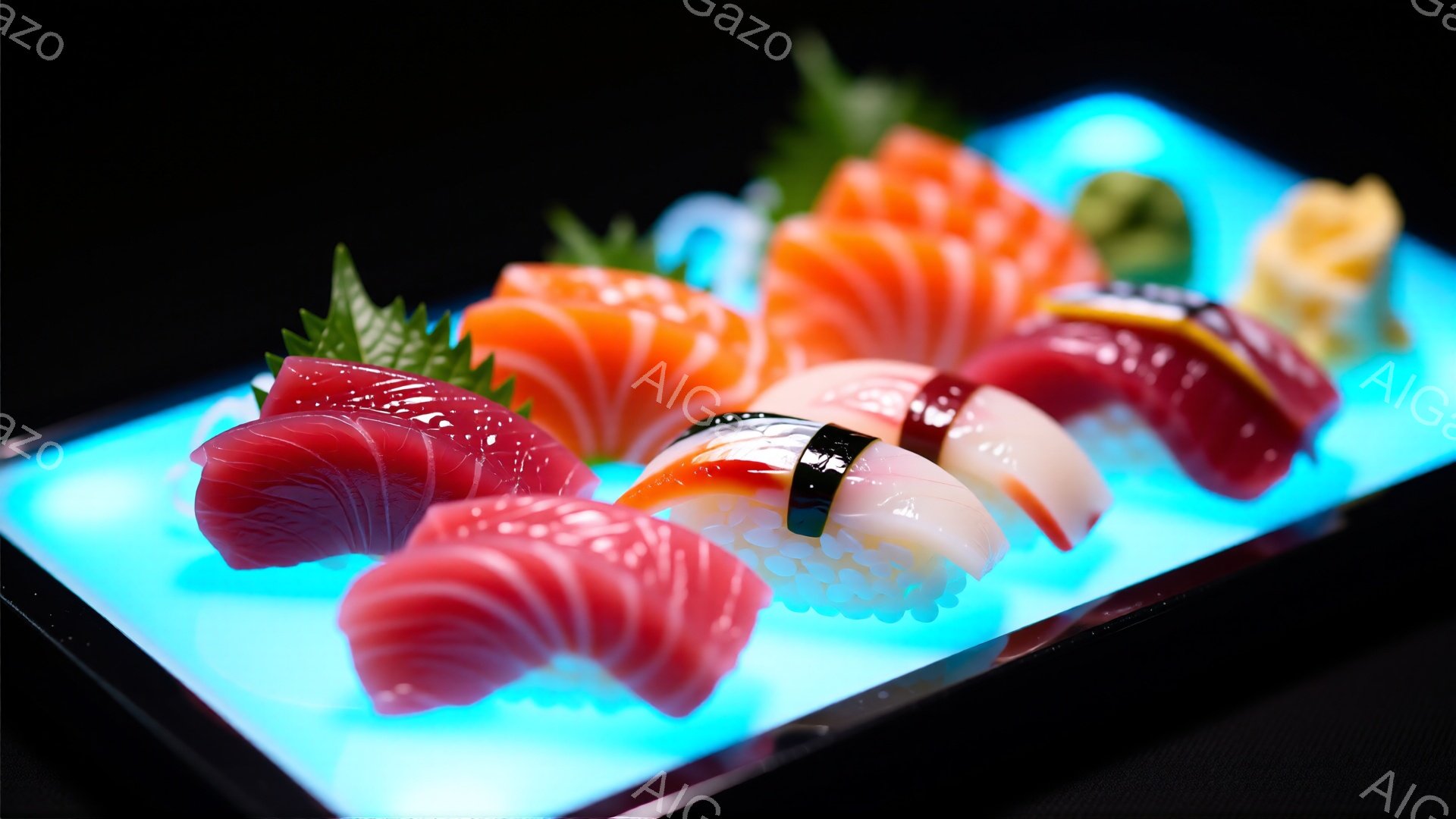 鮮やかなネオンブルーの背景に、様々な寿司が並べられています。マグロ、サーモン、エビなどのネタが、白米の上に乗せられ、美しい色合いが食欲をそそります。全体的に、高級感があり、洗練された雰囲気の寿司の写真です。
