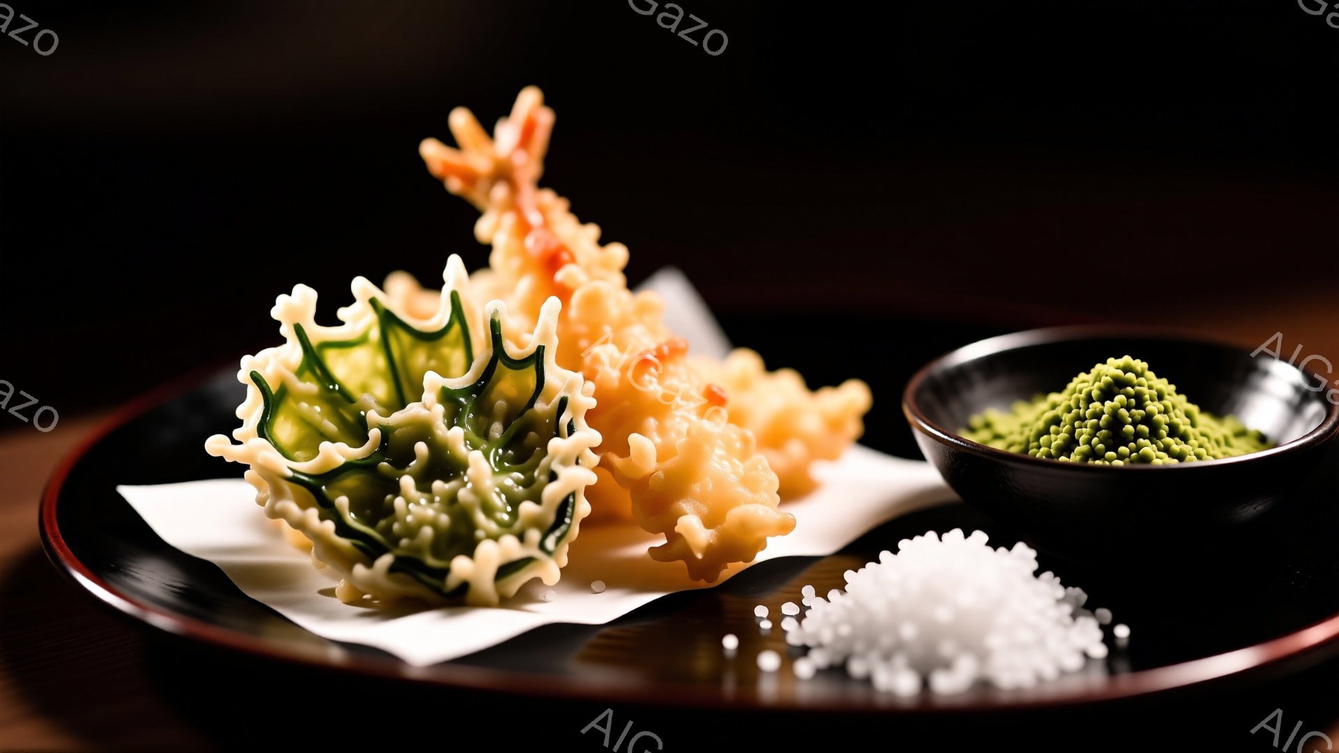 漆黒の皿に、揚げたての天ぷらが美しく盛り付けられています。海老や野菜と思われる天ぷらは、サクサクとした衣が特徴で、小皿には抹茶色の天つゆ、そして白い塩が添えられています。全体的に落ち着いた照明で、高級感のある日本の食文化を表現しています。