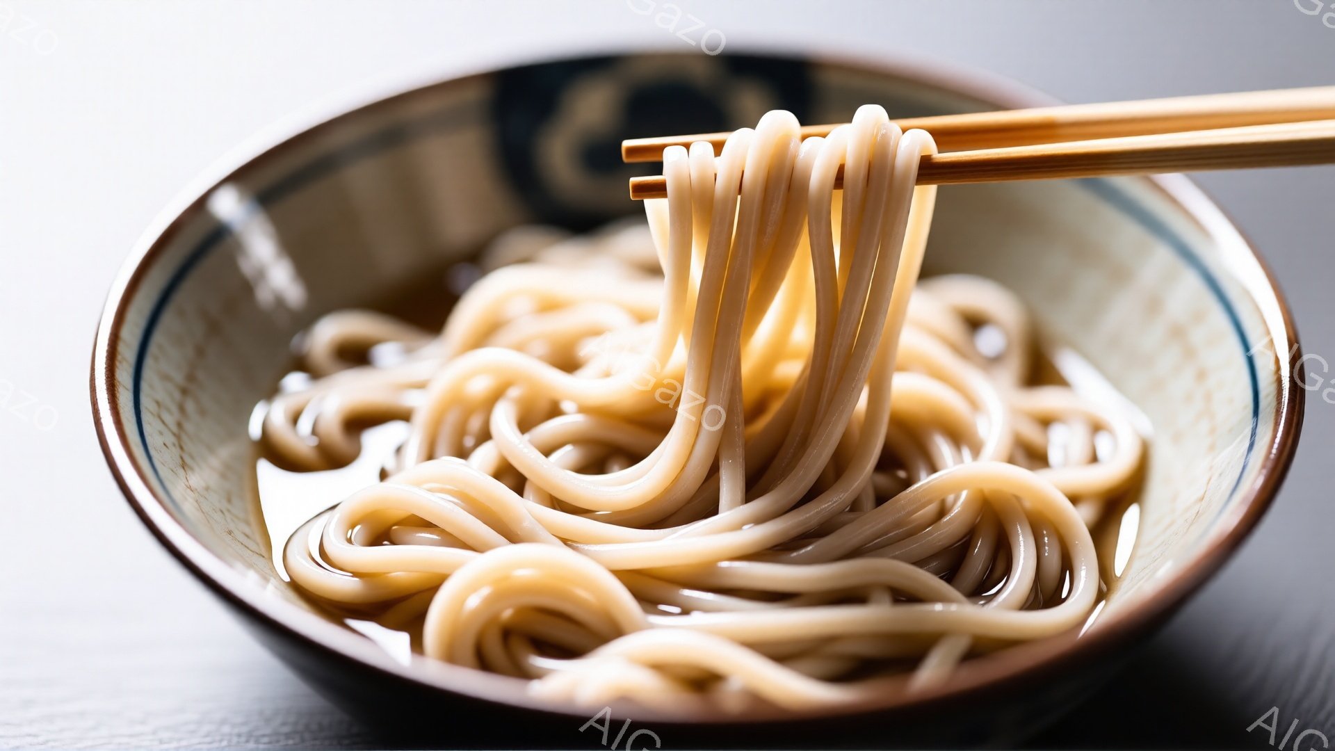 艶やかな蕎麦が、濃い醤油色の汁の中に浸かって写っている。茶色と黒が混ざった陶器のどんぶりは、蕎麦の温かさを引き立てている。背景は白木調で、全体的にシンプルで落ち着いた雰囲気を醸し出している。