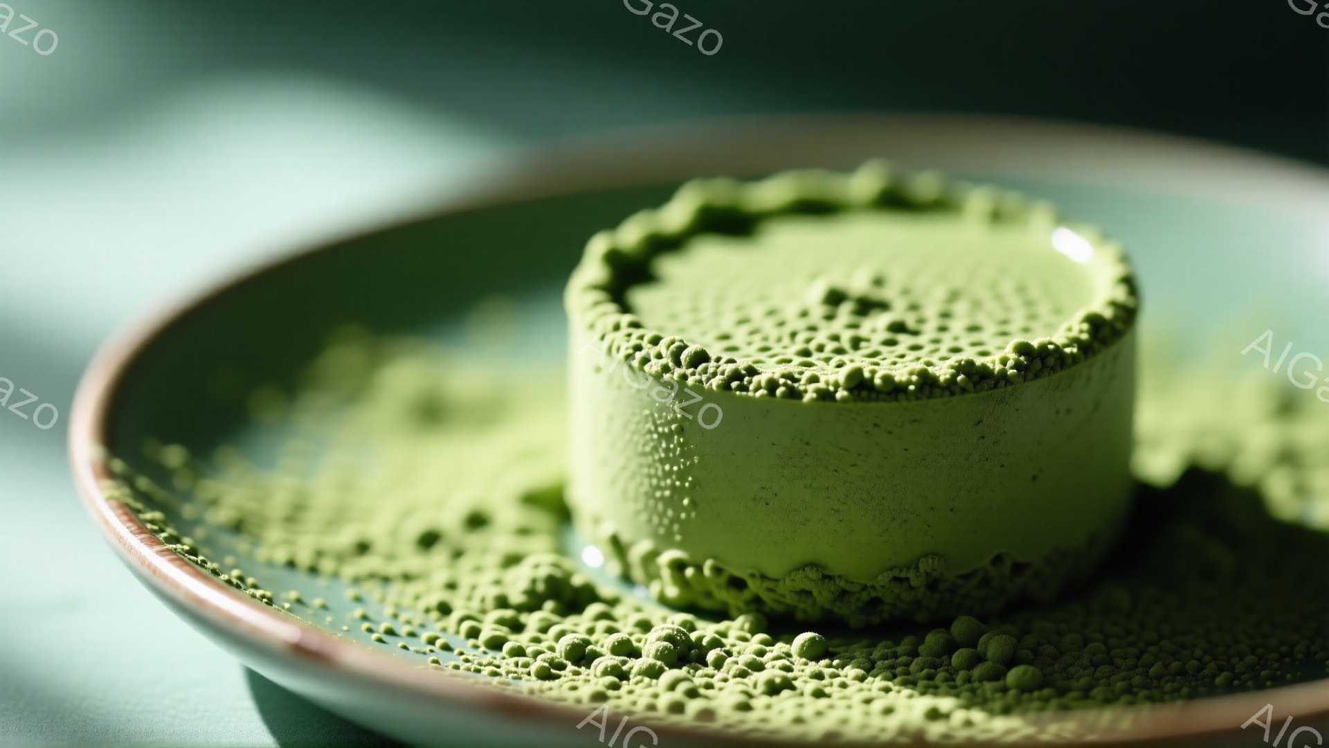 鮮やかな緑色の、小さな立方体が浅い緑色の皿の上に置かれています。立方体は表面に小さな粒々があり、皿の上にも同じ粒が散らばっています。背景はぼやけており、全体的に静かで、自然な雰囲気を感じさせます。