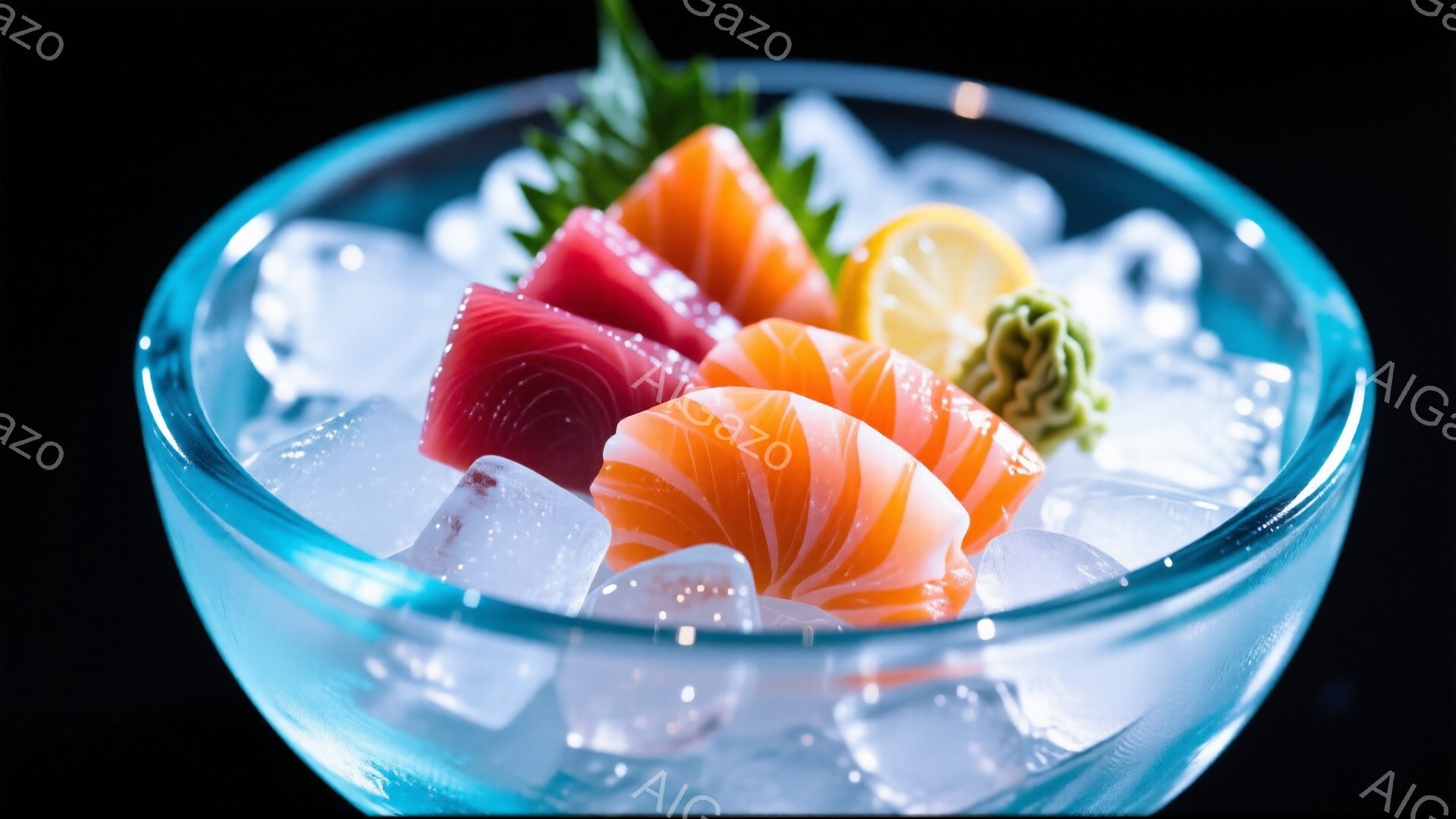 透明なガラスの器に、新鮮なマグロとサーモンの刺身が盛られています。氷の上に彩り豊かに並べられ、添えられた大葉とレモンの黄色がアクセントになっています。背景は黒く、刺身の鮮やかさが際立っており、涼しげで食欲をそそる雰囲気が漂っています。