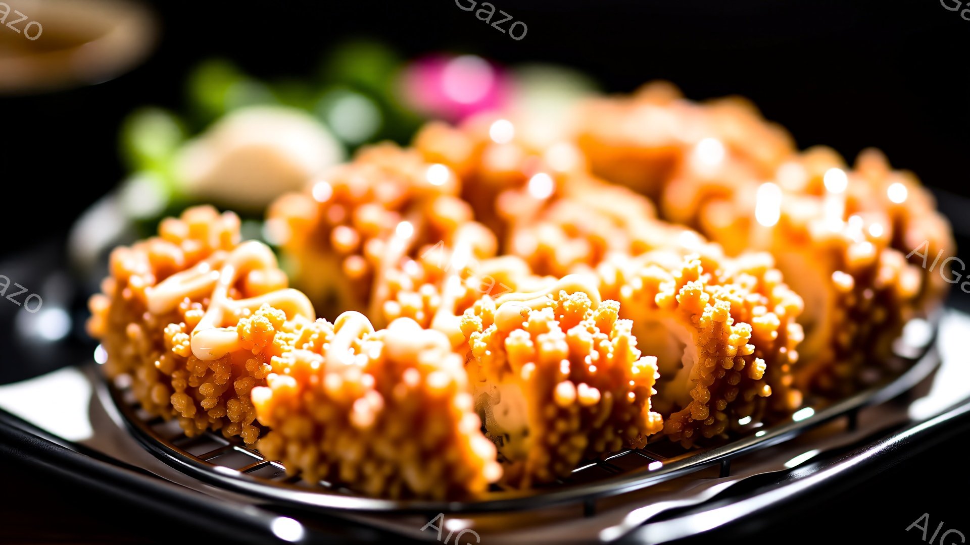 揚げたタコの足のような外観の料理が、黒い皿の網目状の台の上に盛られています。オレンジ色のソースが料理全体にかけられており、背景にはぼやけた緑色の植物と白い陶器が見えます。 全体的に、食欲をそそる、鮮やかでテクスチャ豊かな料理のクローズアップ写真です。