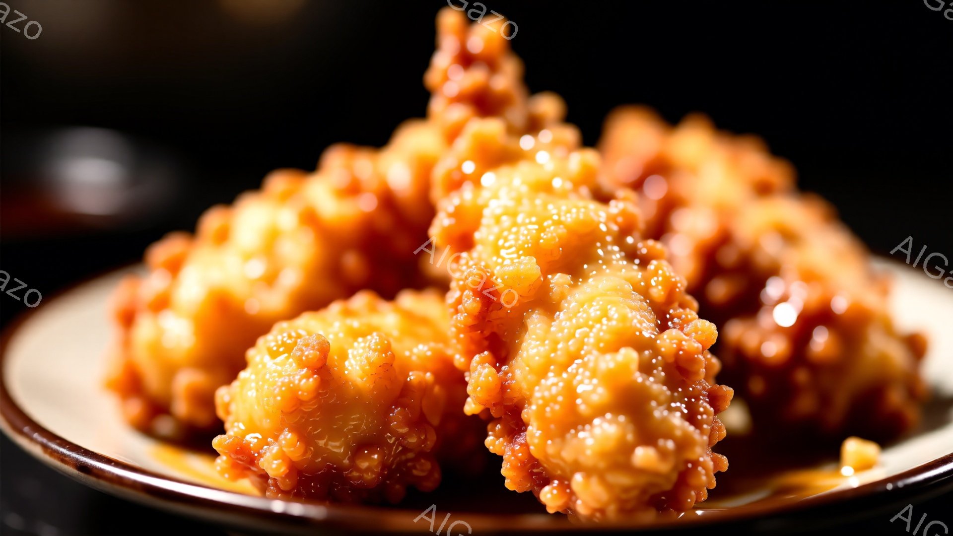 鮮やかなオレンジ色の衣をまとった唐揚げが、茶色い皿に山のように盛られています。衣は細かく、カリカリとした食感が想像でき、照りがあり美味しそうです。背景は暗く、唐揚げが際立っており、食欲をそそる雰囲気を - AI生成フリー素材