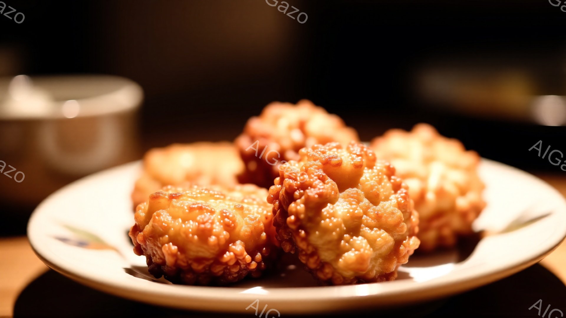 皿の上には、黄金色に輝く、カリッとした食感が想像できる揚げ物が数個並んでいます。背景は木製のテーブルで、ぼやけた湯呑みがわずかに見えます。全体的に温かく、食欲をそそる雰囲気が漂っています。 - AI生成フリー素材