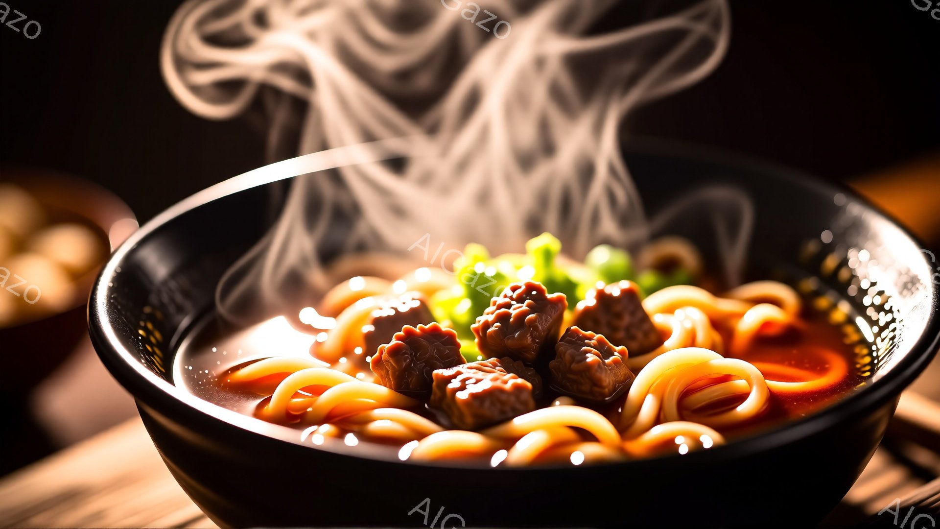 黒い丼に盛られたラーメンが湯気を上げている。麺は少し太めで、濃い茶色の肉団子が乗っており、緑色の薬味が添えられている。背景は暗く、木製のテーブルがわずかに見え、全体的に食欲をそそる温かい雰囲気が漂っている。