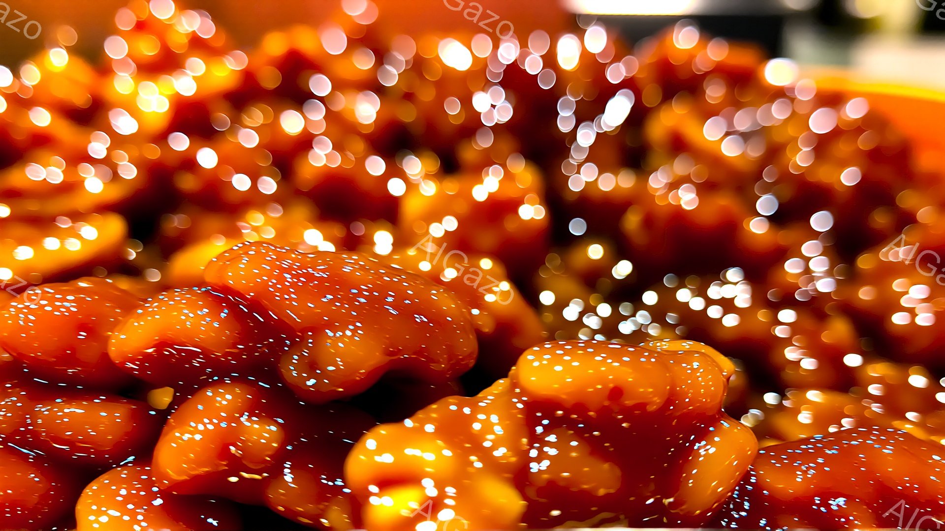 鮮やかなオレンジ色の点々模様が特徴的なお菓子が画面いっぱいに広がっています。背景はぼやけた光の粒で満たされ、暖かく幻想的な雰囲気を醸し出しています。焦点がぼやけているため、お菓子の具体的な形状は不明瞭ですが、その色合いと光の反射が印象的です。