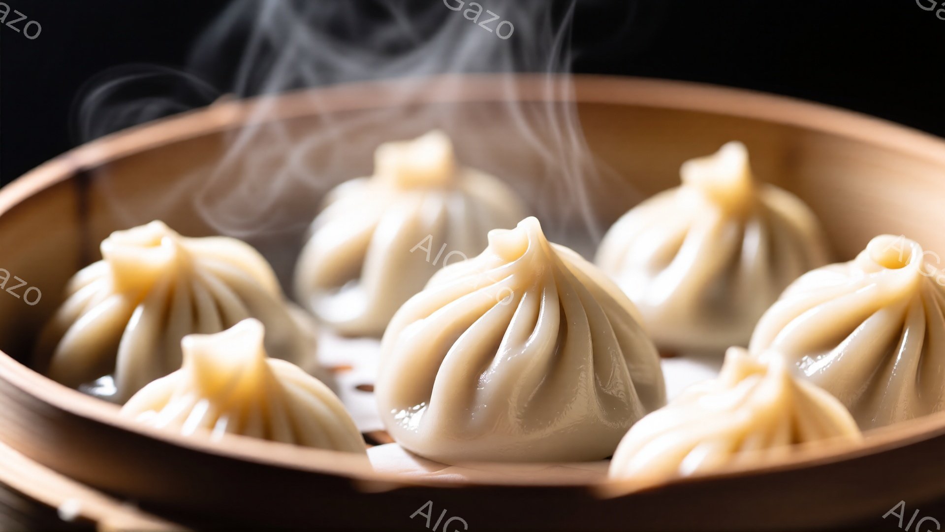 蒸籠の中に、湯気が立ち上る小籠包が並べられています。白くふっくらとした皮は、シワが寄っており、中にスープや餡がたっぷり詰まっていることが伺えます。背景は暗く、小籠包が引き立ち、食欲をそそる温かい雰囲気が漂っています。