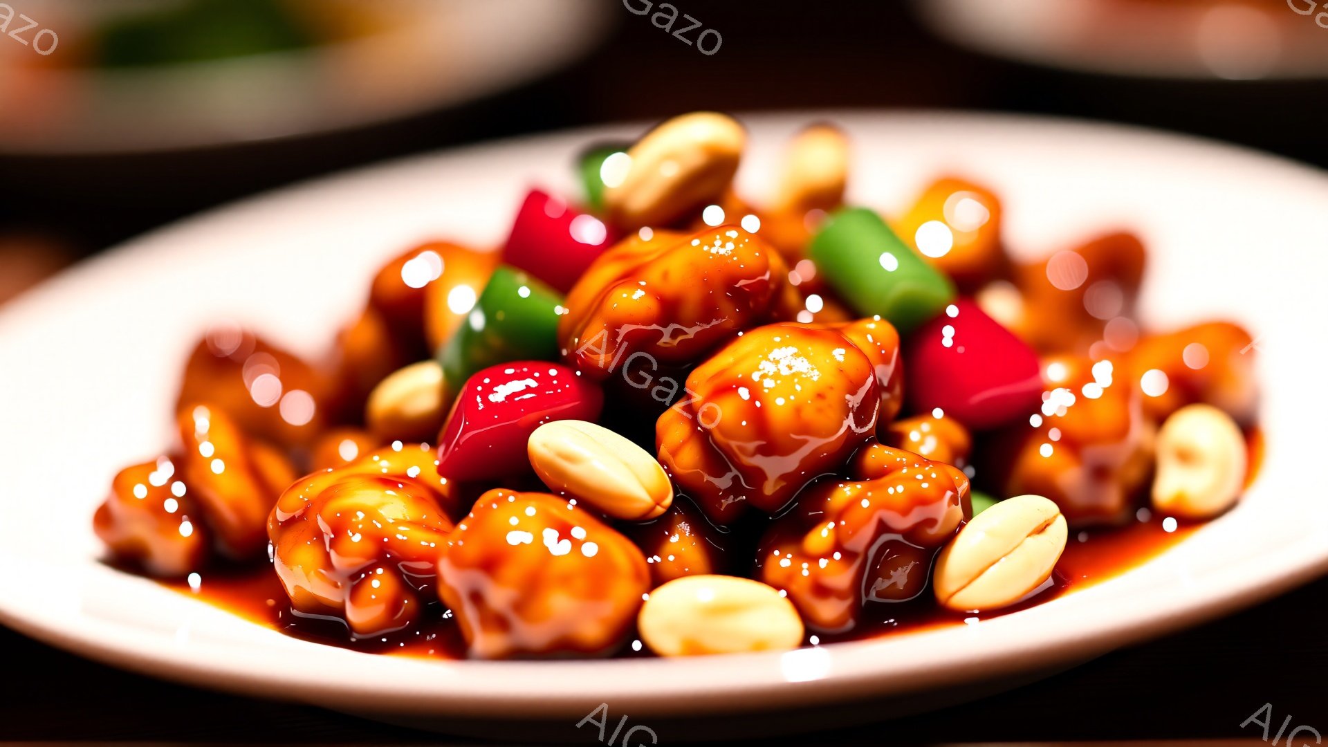 鮮やかな赤と緑の食材が、照り輝く甘辛いソースに絡められた料理が皿に盛られています。ピーナッツが散りばめられ、食感のアクセントになっています。背景はぼかされており、料理に焦点が当てられています。 - AI生成フリー素材