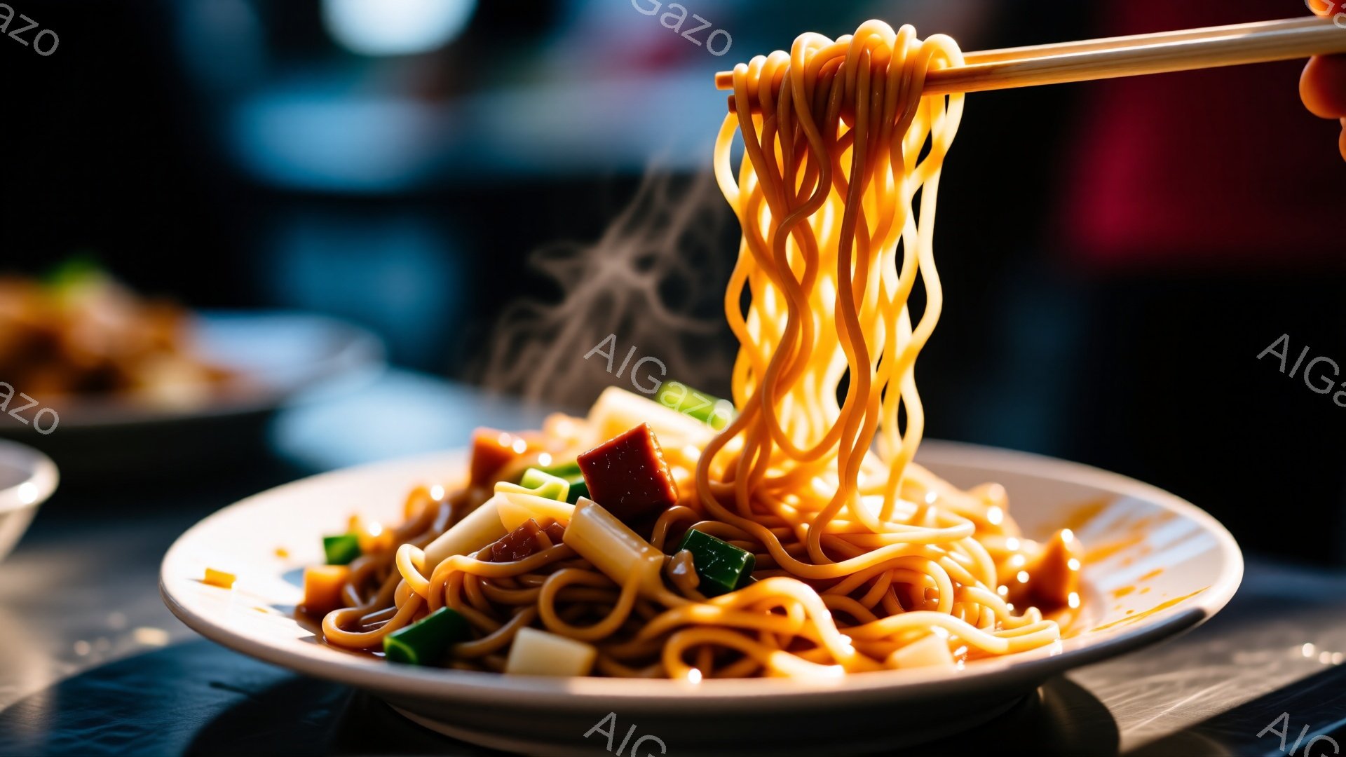 湯気を立てる焼きそばが白皿に盛り付けられ、箸で持ち上げられている様子が写っている。紅しょうが、ネギ、角切りの何かの具材（おそらく豚肉や鶏肉）が焼きそばの上に彩りを添えている。背景は暗く、他の皿がぼやけて見え、焼きそばに焦点が当たっている。