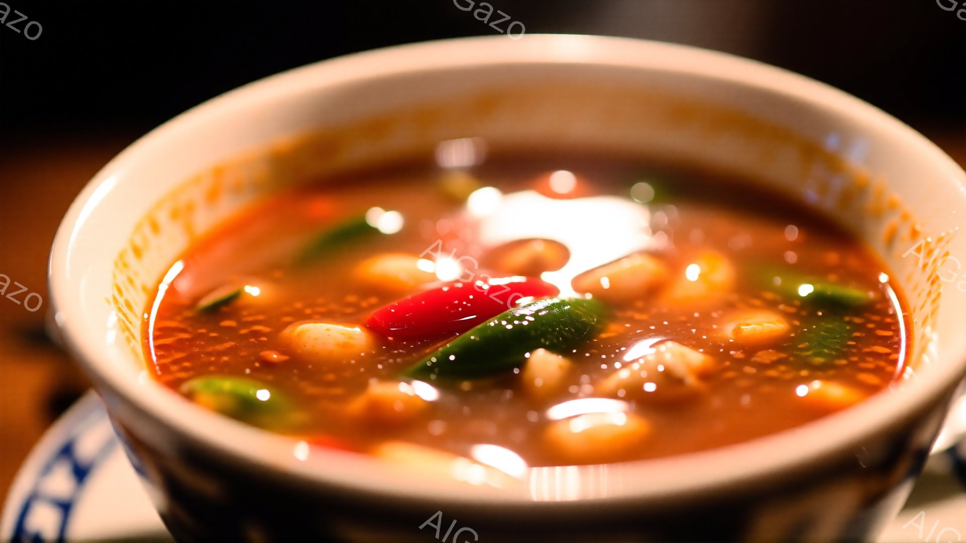 深い藍色の縁取りのある白い器に、赤や緑の小さな唐辛子、そして丸い黄色い団子のようなものが浮かぶ赤いスープが写っている。スープはどろりとした質感で、湯気が立ち上っている様子はない。背景は暗くぼやけており、スープと器が際立って見える。